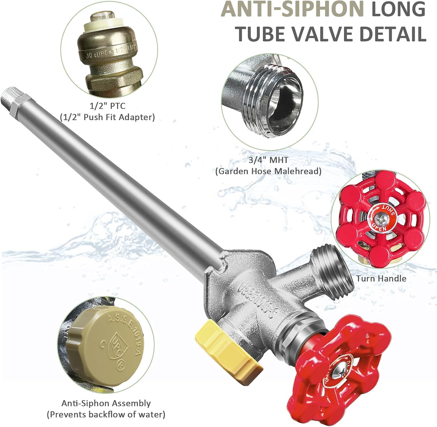 12inch Anti-Siphon Frost Free Sillcock, No Lead Brass Frost Proof Outdoor Faucet Bib with Backflow Preventer, 1/2" Push-to-Fit Connector X 3/4 Inch Hose Bibb Frost Free Spigot