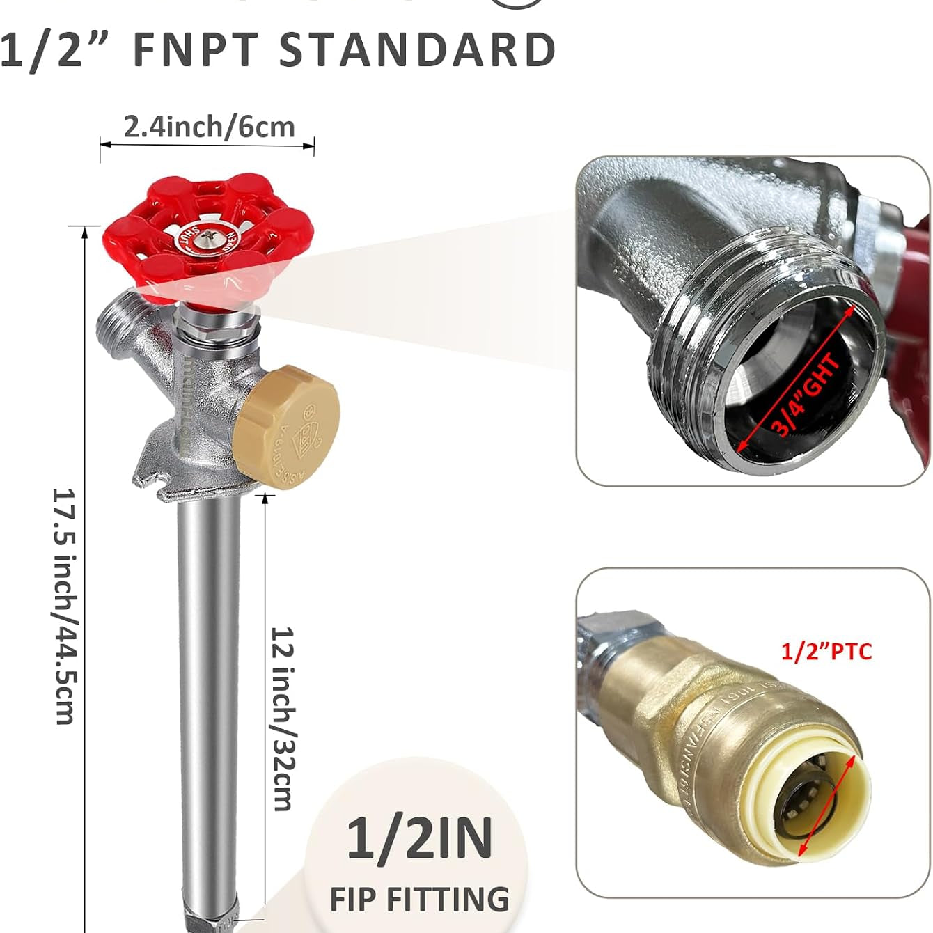 12inch Anti-Siphon Frost Free Sillcock, No Lead Brass Frost Proof Outdoor Faucet Bib with Backflow Preventer, 1/2" Push-to-Fit Connector X 3/4 Inch Hose Bibb Frost Free Spigot