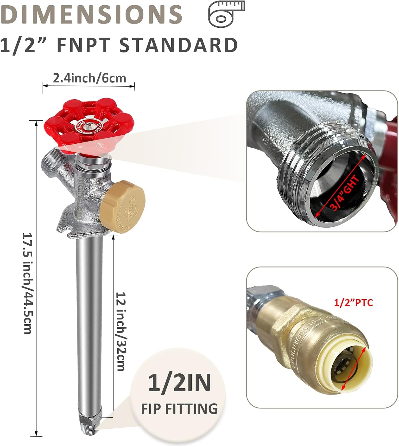 12inch Anti-Siphon Frost Free Sillcock, No Lead Brass Frost Proof Outdoor Faucet Bib with Backflow Preventer, 1/2" Push-to-Fit Connector X 3/4 Inch Hose Bibb Frost Free Spigot