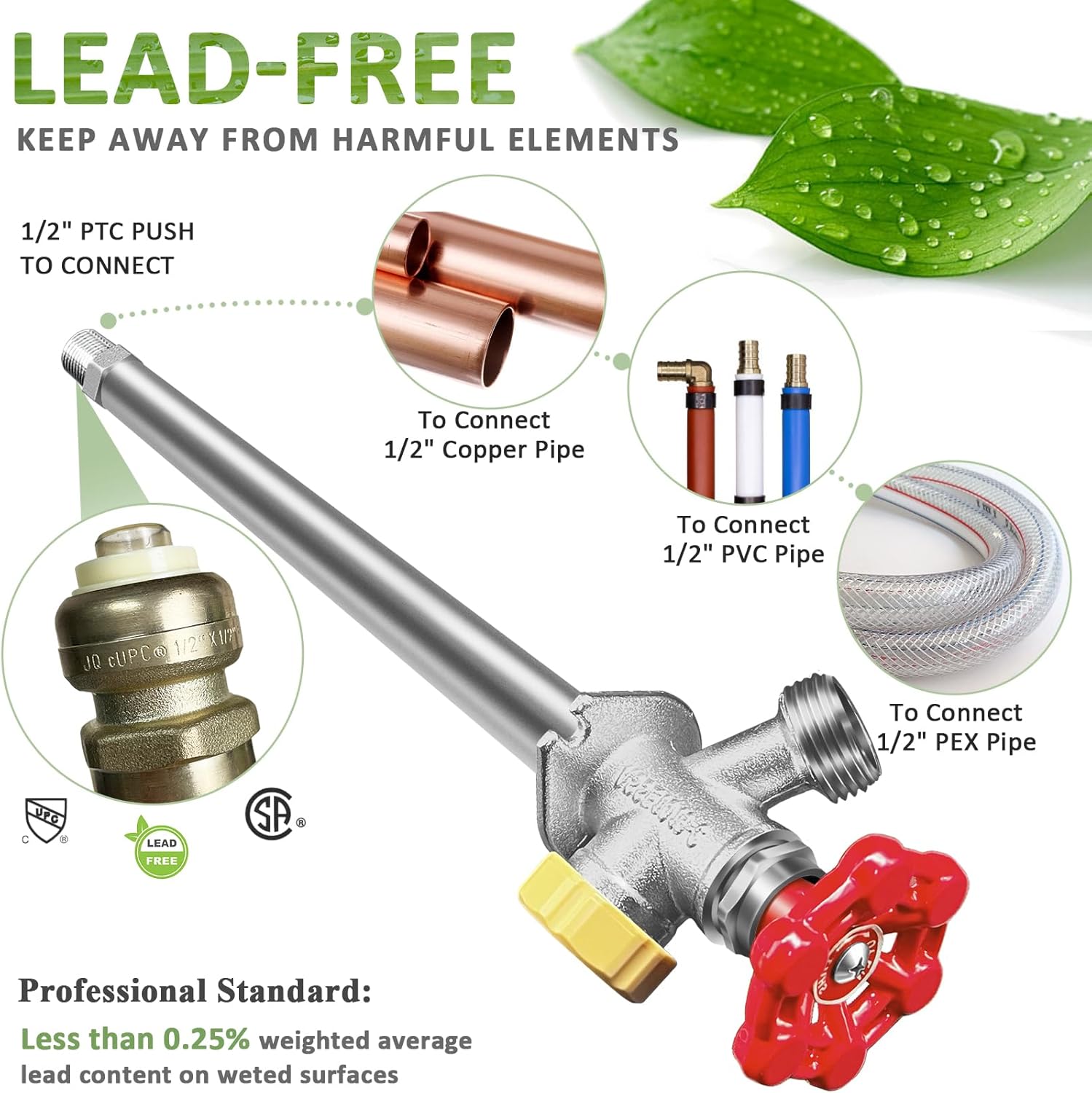 12inch Anti-Siphon Frost Free Sillcock, No Lead Brass Frost Proof Outdoor Faucet Bib with Backflow Preventer, 1/2" Push-to-Fit Connector X 3/4 Inch Hose Bibb Frost Free Spigot