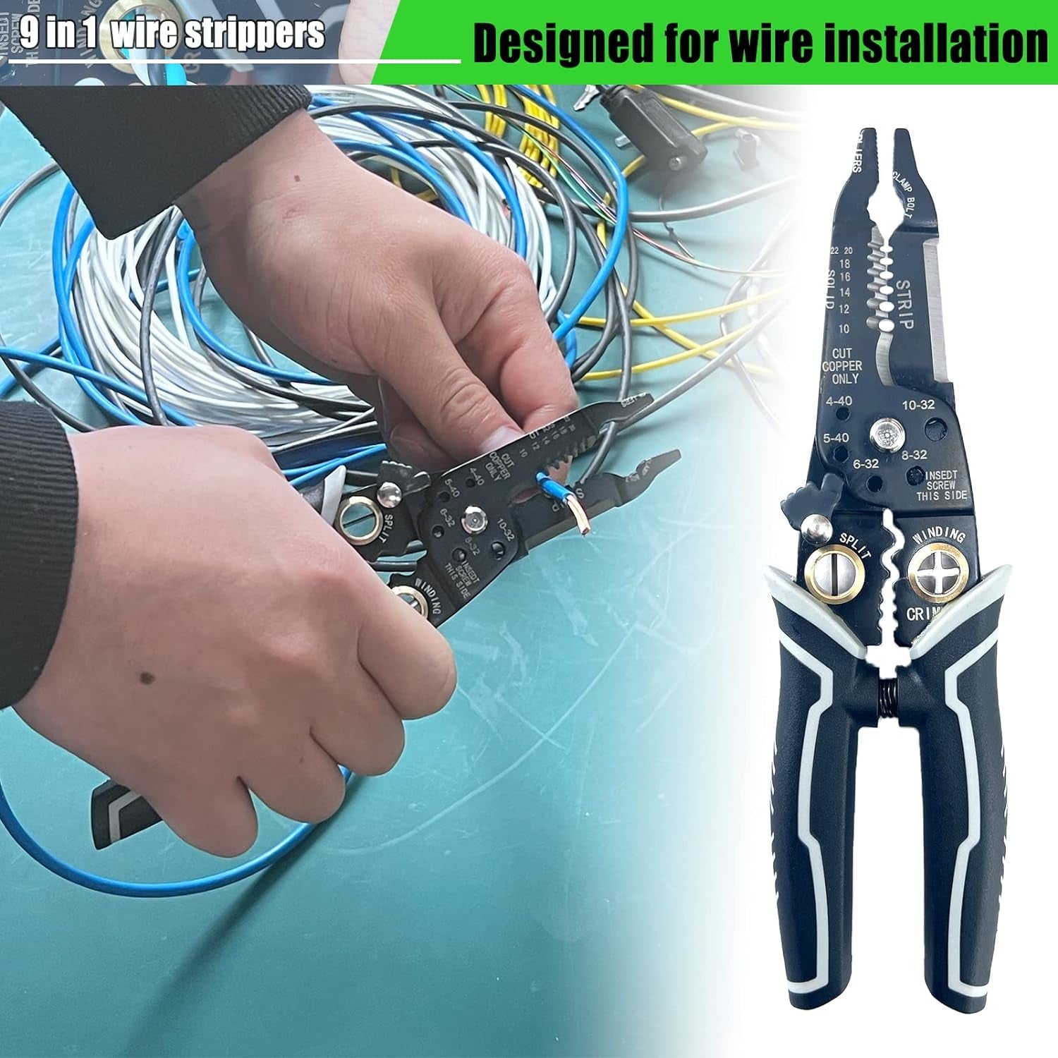 9 in 1 Wire Stripper Tool, Wire Strippers Electrical, 8" Cable Cutting Tool for Wire Stripping Cutting and Crimping (10-20 AWG Solid and Stranded Wire) with Wire Splitting and Winding