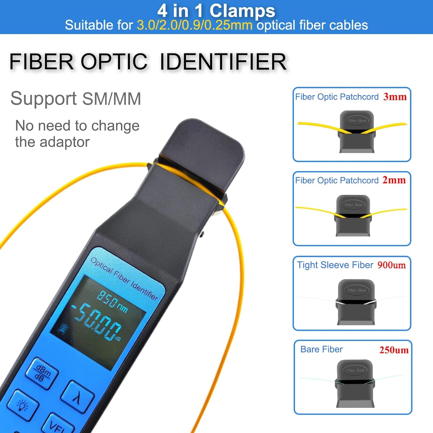 Optical Fiber Identifier with Wave Respond 800-1700Nm,Detection Rang +13~-50Dbm,Built in 10Mw VFL and Optical Power Meter OPM -50~+26Db Functions FTTH Tool with LED Color Screen