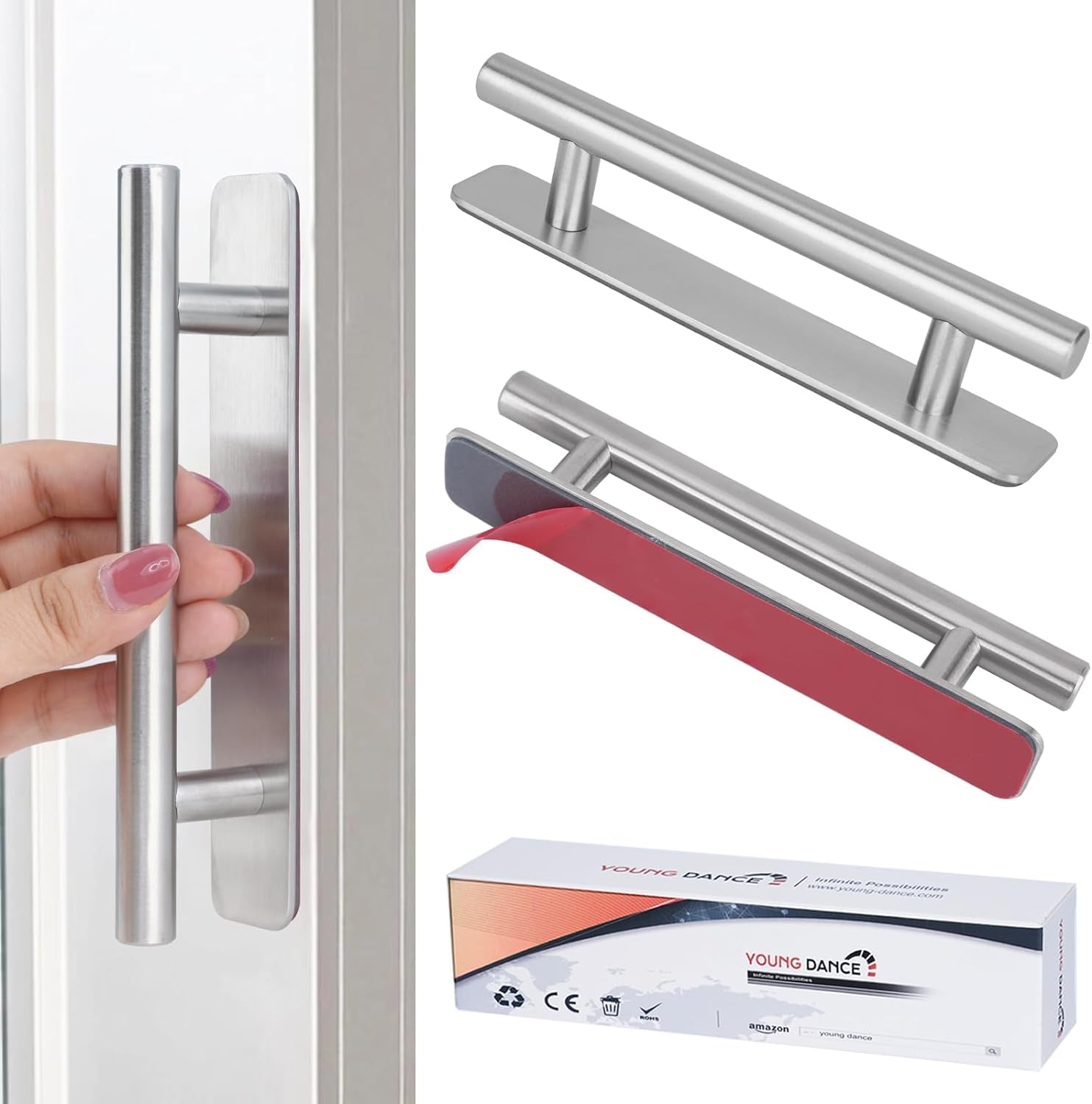 Self-Stick Instant Cabinet Drawer Handles Pulls - 5" Stainless Steel Adhesive Door Handles, No Drilling Design, Stick on Handle for Cabinets Drawer Door Window Wardrobe Handle - 2Pcak