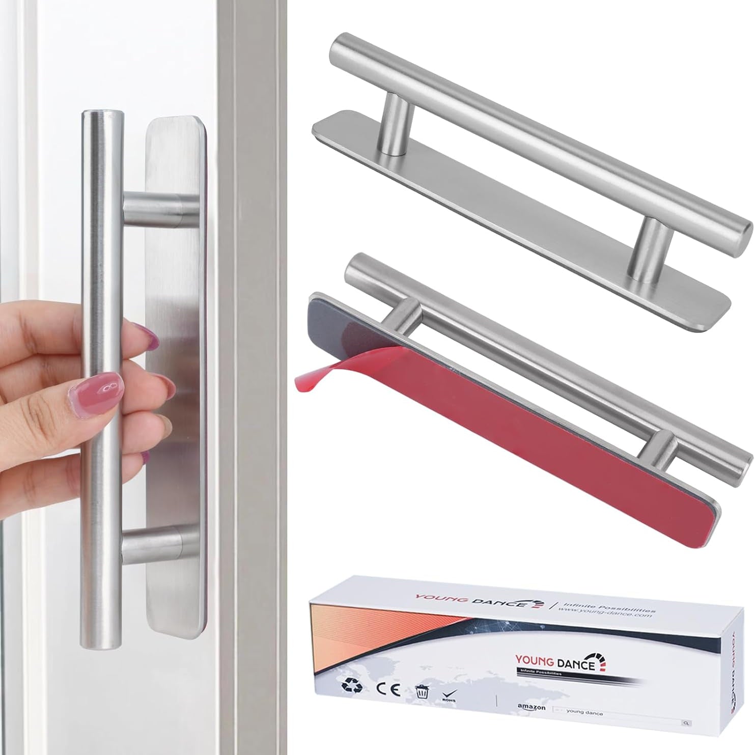 Self-Stick Instant Cabinet Drawer Pulls - 6" Stainless Steel Drawer Push Pull Handles Helper with Adhesive Door Handle for Kitchen Cabinet Drawer Window Sliding Closet (2Pack, Silver)