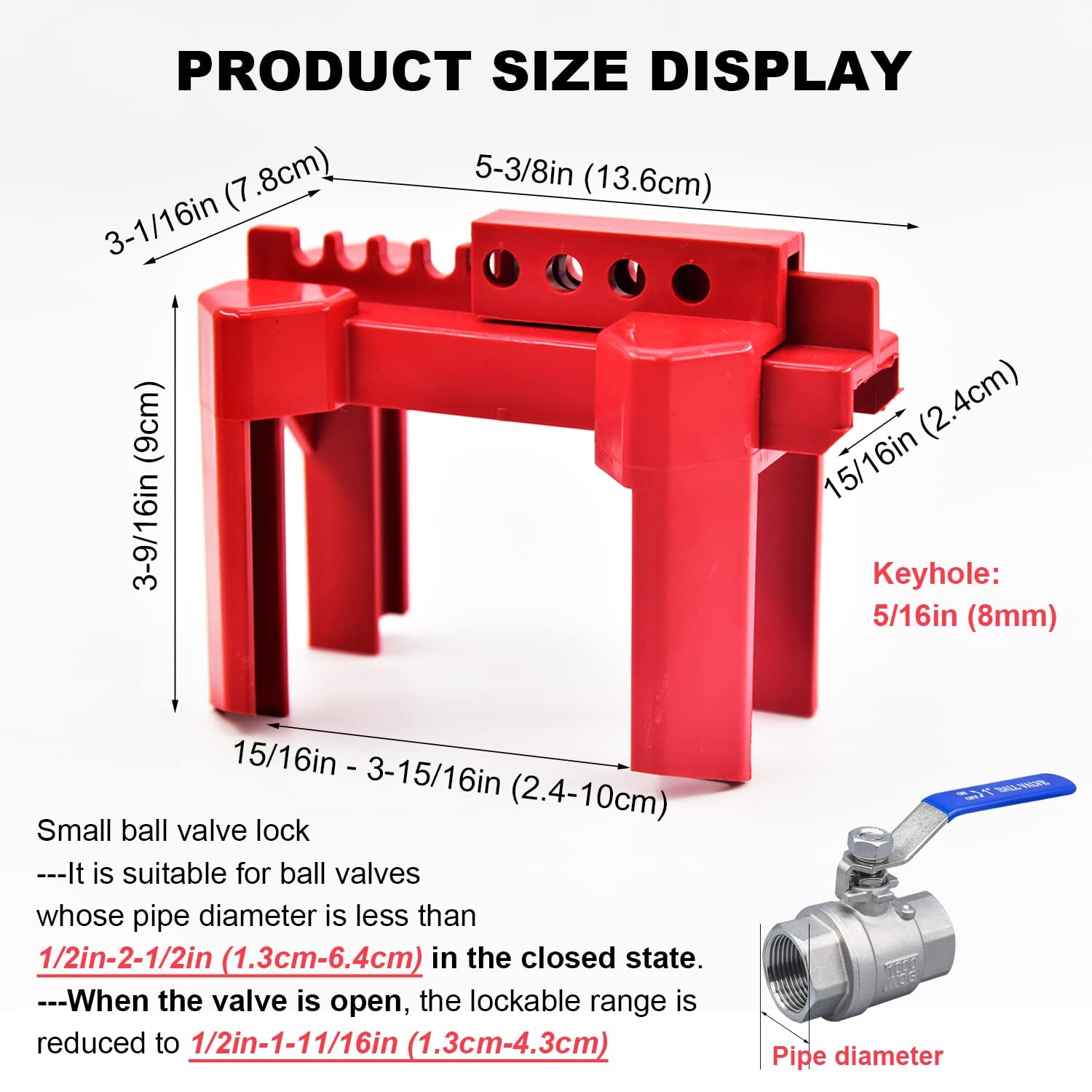 Ball Valve Lockout, Adjustable Ball Valve Lockout Device, Small, for 1/2"-2-1/2" outside Pipe Diameter, Red, Outdoor Water Spigot Lock Industrial Faucet Handle Locks Pipeline Valve Locking Device