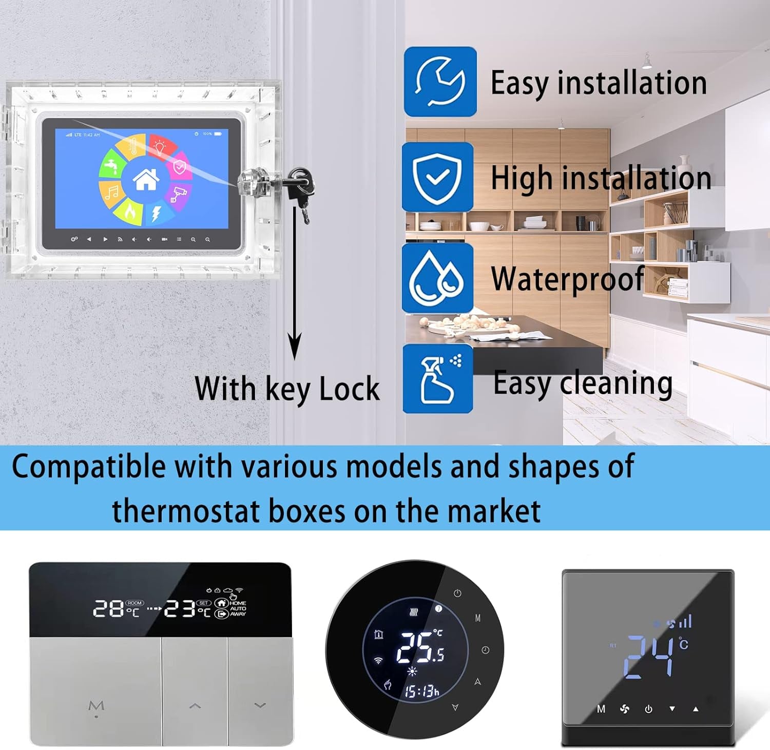 Universal Thermostat Lock Box with Key,Clear Large Thermostat Guard for Thermostat on Wall,Thermostat Guard,Thermostat Cover Fits Thermostats 6.5" H X 4.72" W X 1.97" D or Smaller (1 Set)