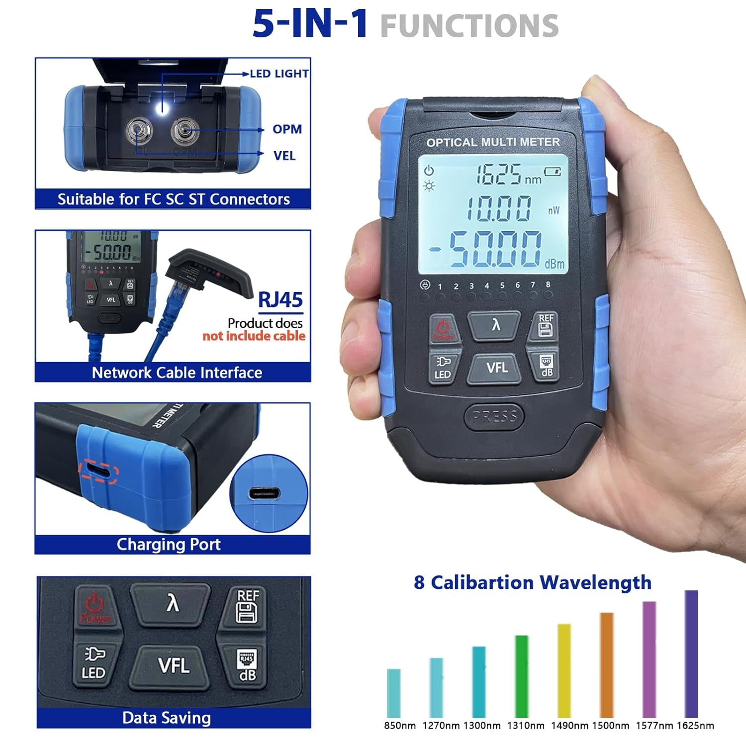 5-In-1 Fiber Tester - Fiber Optic Cable Tester, Portable Optical Power Meter with Fiber Optic Light, Optic Fiber Power Meter FC/SC/ST Universal Interface