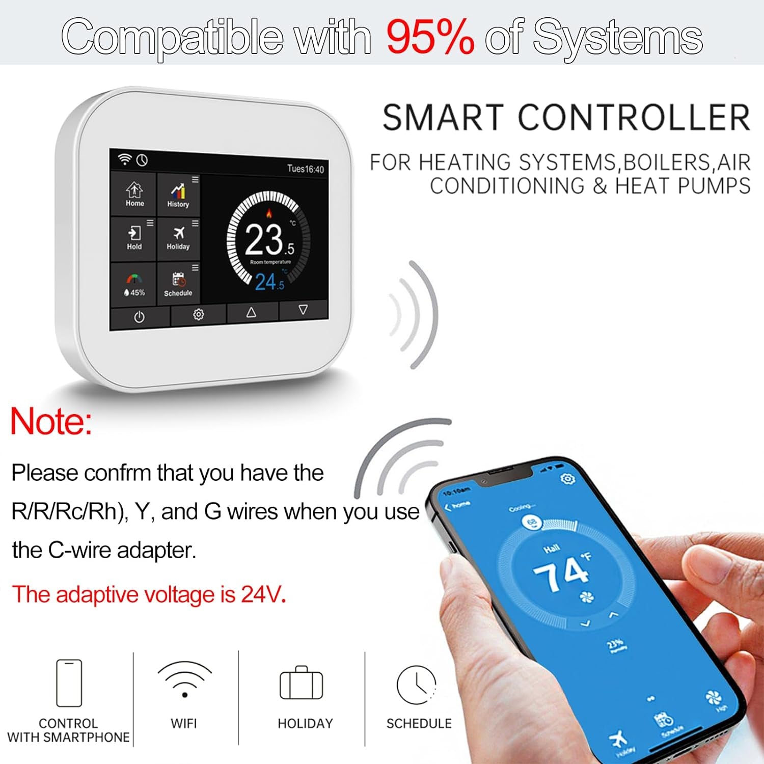 7 Day Programmable Wifi Thermostat,Smart Thermostat for Home App Control Compatible with Alexa and Google Assistant, for 24VAC 3Heat/2Cool Heat Pump,Boiler,Ptac,Ac HVAC Systems(Need C-Wire)