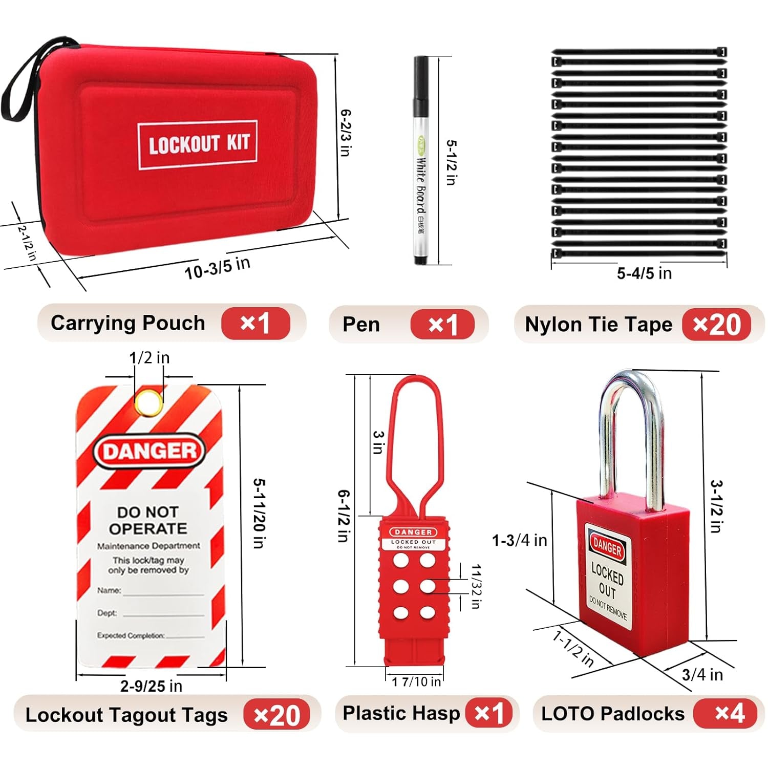 35 Pcs Electrical Lockout Tagout Kit - Plug Lockout, Hasps Clamp and Universal Circuit Breaker Lock, 4 Loto Safety Padlock with Number(2 Keys per Lock), Red Bag, Lockout Tags, Nylon Ties