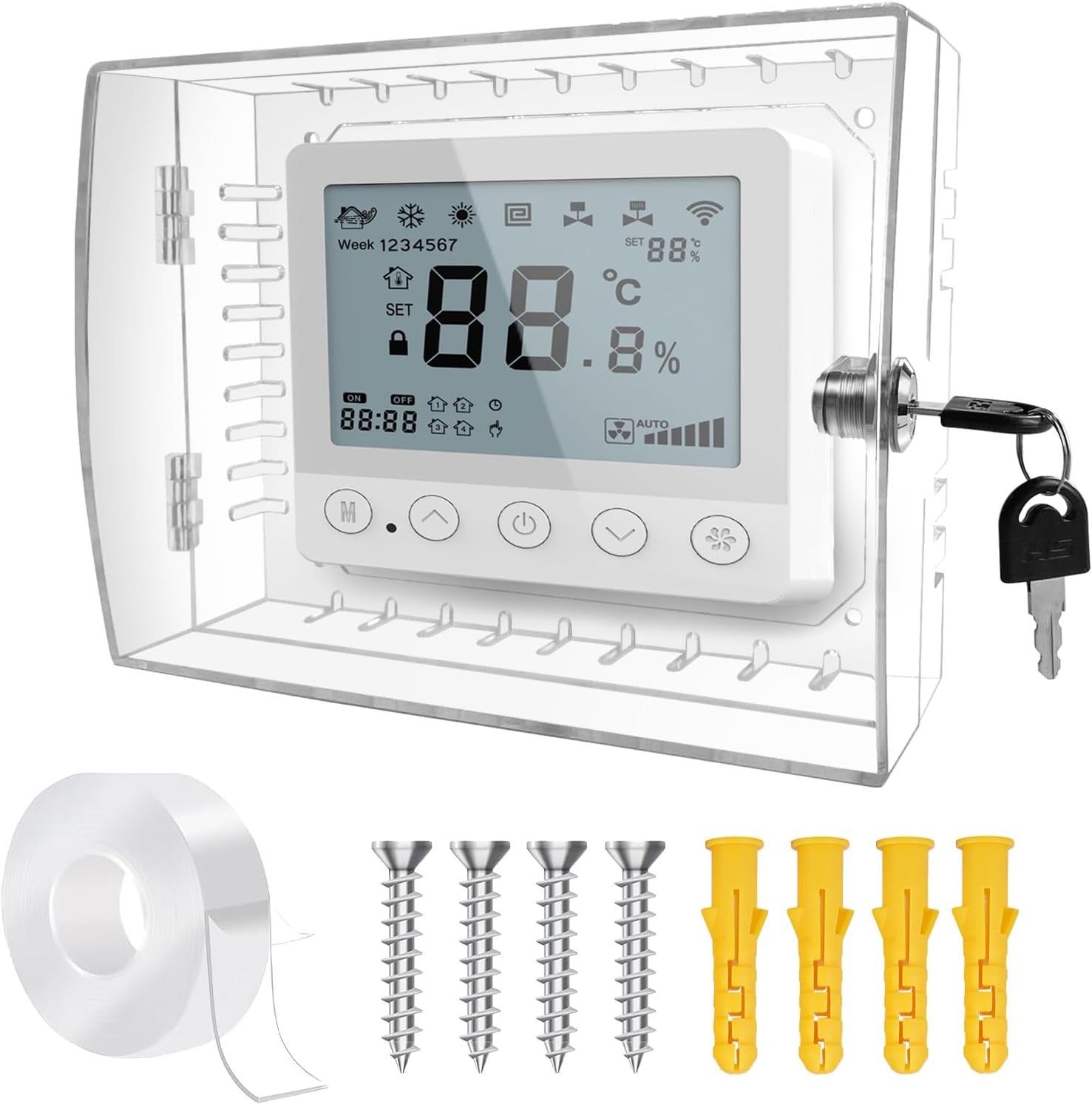 Thermostat Lock Box with Key, Clear Thermostat Cover with Lock for Thermostat on Wall, Thermostat Guard, Universal Thermostat Lock Box Fits Thermostats 4.8"H X 6" W or Smaller