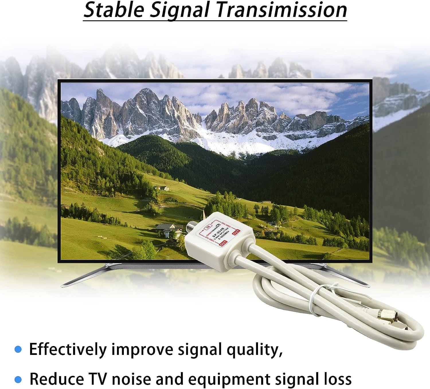 Satellite Splitter 5-2500Mhz, 2-Way CATV Splitter with RG6 Coaxial Cable and 2 Connectors, for Pass Power to LNB, Improve HD TV Satellite Antenna Signal Quality, Corrosion Resistant