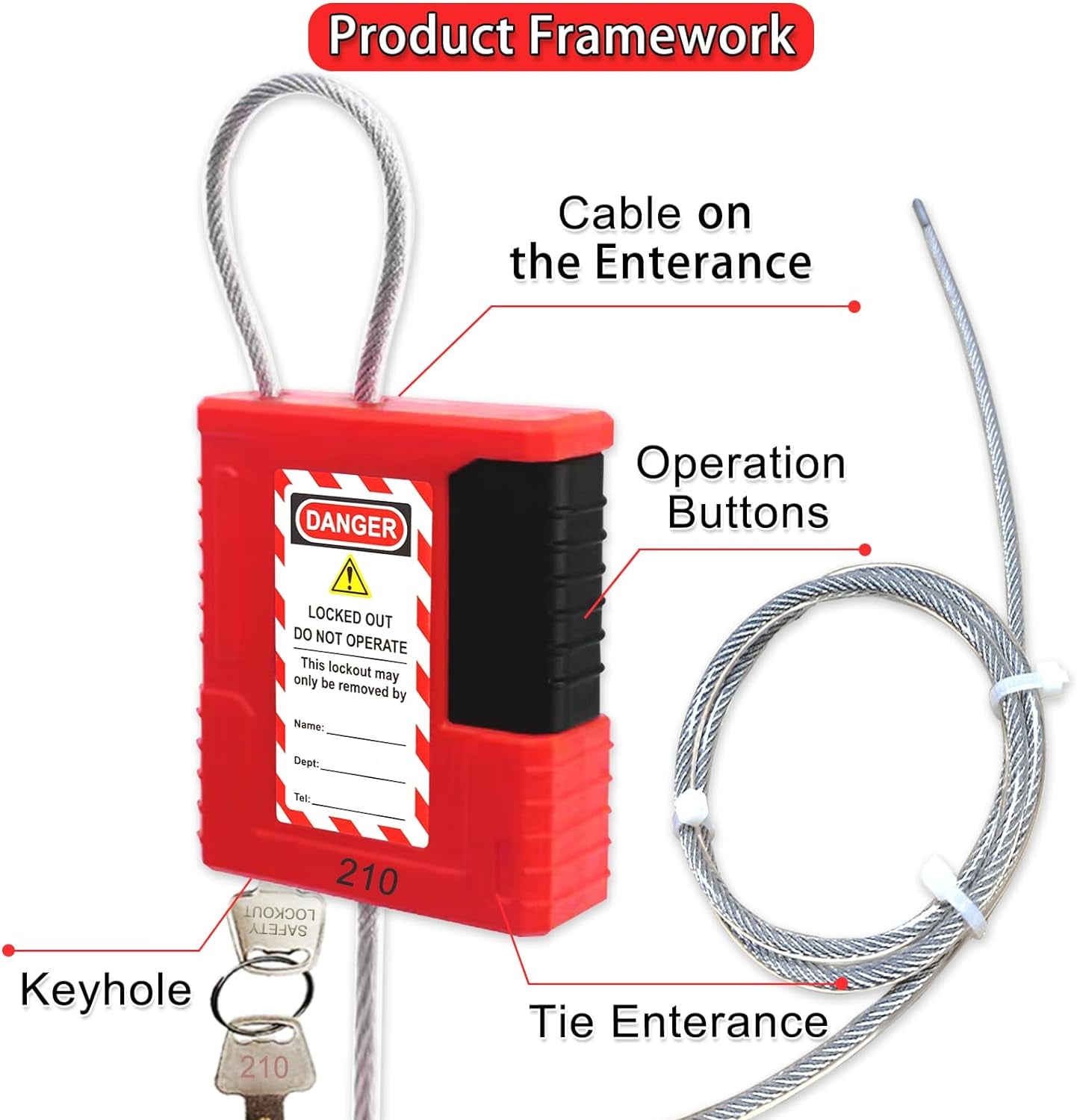 Lockout Tagout Cable Lock - 3.3Ft Adjustable Cable Lock, Steel Cable Lock with Vinyl Coating, Loto Cable for Lock Out Tag Out, Premium Grade, OSHA Compliant 0.16" Diameter,
