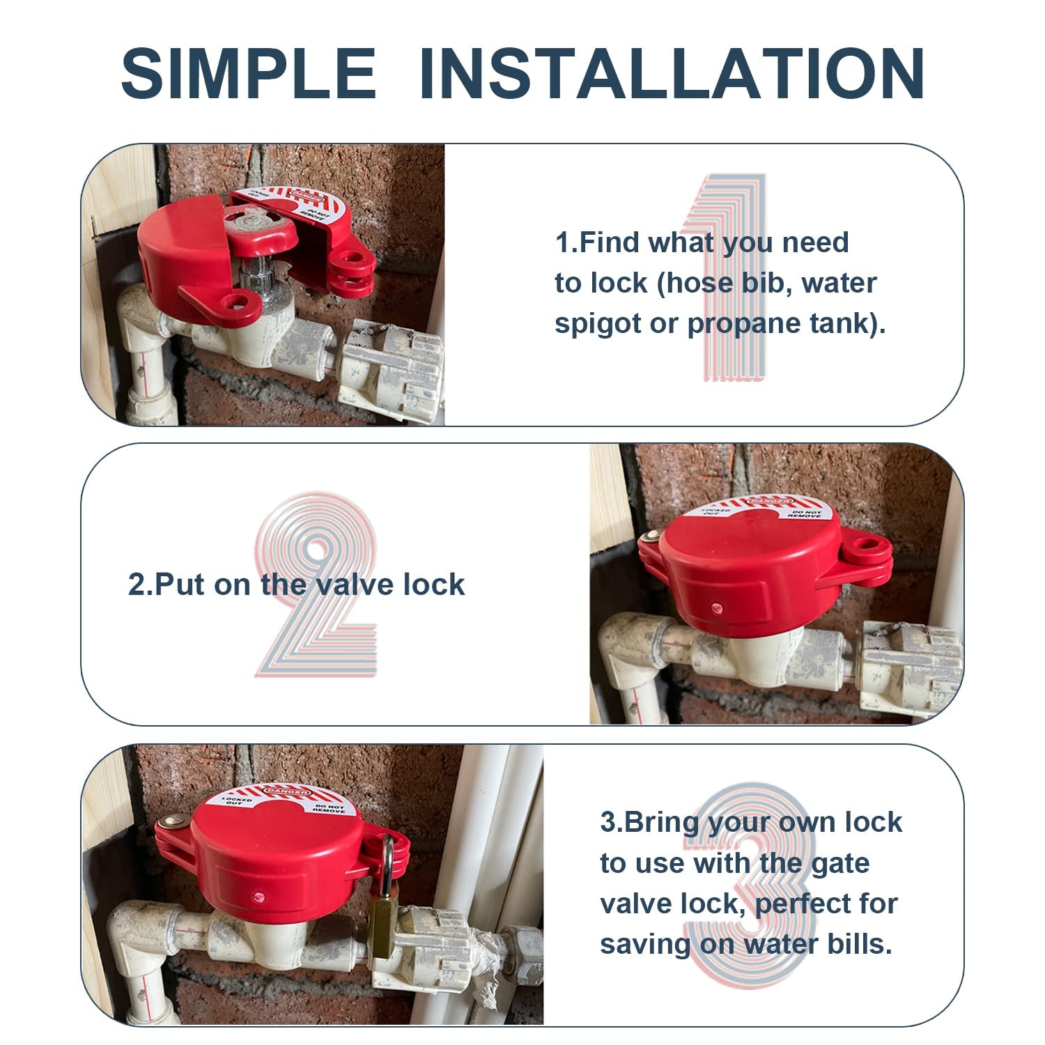 Gate Valve Lockout Device 2Pack Rotating Plastic Outdoor Water Hose Protector Babyproof 1-2.5In Diameter Valve Handles Red Secure for Water Spigot Faucet Knob Oil Natural Gas Propane Tank Lock Outdoor