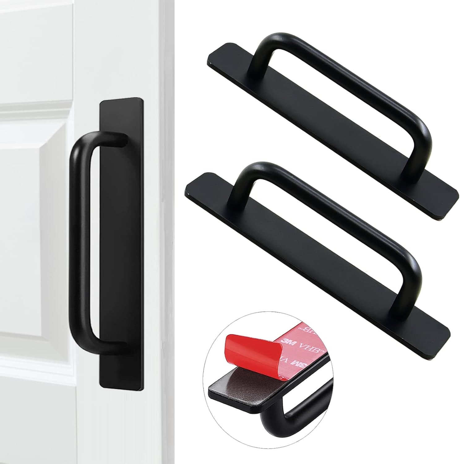Adhesive Cabinet Door Handles Pulls - 2Pcs Stick on Handle No Drilling Shower Door Handle, Self Stick Cabinet Handles for Kitchen Cabinet Drawer Window Sliding Screen Door (148Mm, Black)