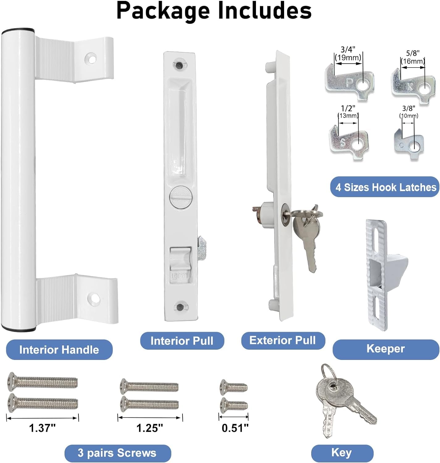 Sliding Glass Door Handle Set with Lock - Easy to Install,Patio Sliding Door Handle Fits for 1 to 1-1/8 Door Thickness,6-5/8" Screw Hole Spacing,Perfectly Replacement for Old Handle(White)