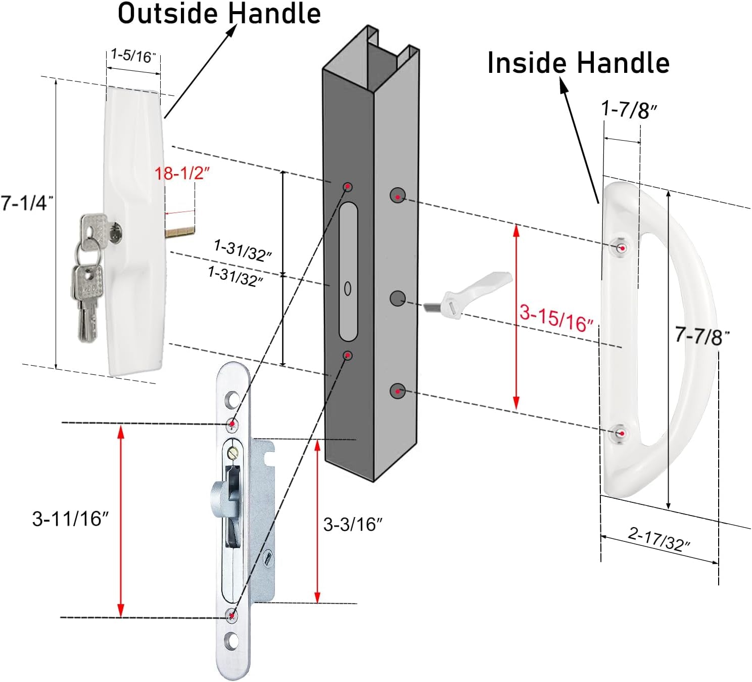 Patio Sliding Door Handle Set with Mortise Lock, Perfect Replacement Sliding Door Handle with Key Lock Fits Patio Doors Thickness 1-1/2" to 1-3/4", 3-15/16" Screw Hole Spacing, Reversible Design