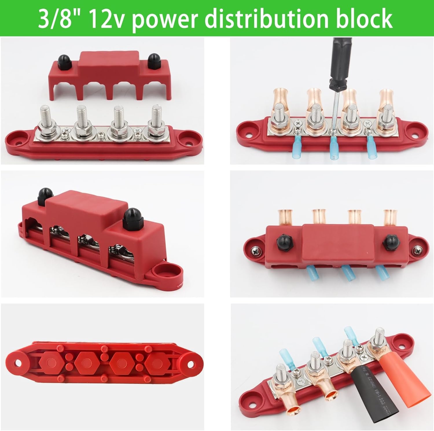 250A 12V Busbar 3/8" Power Distribution Block 4 Studs Junction Block Automotive Marine Battery Busbar Terminal Block with Cover 12 Volt Negative&Positive