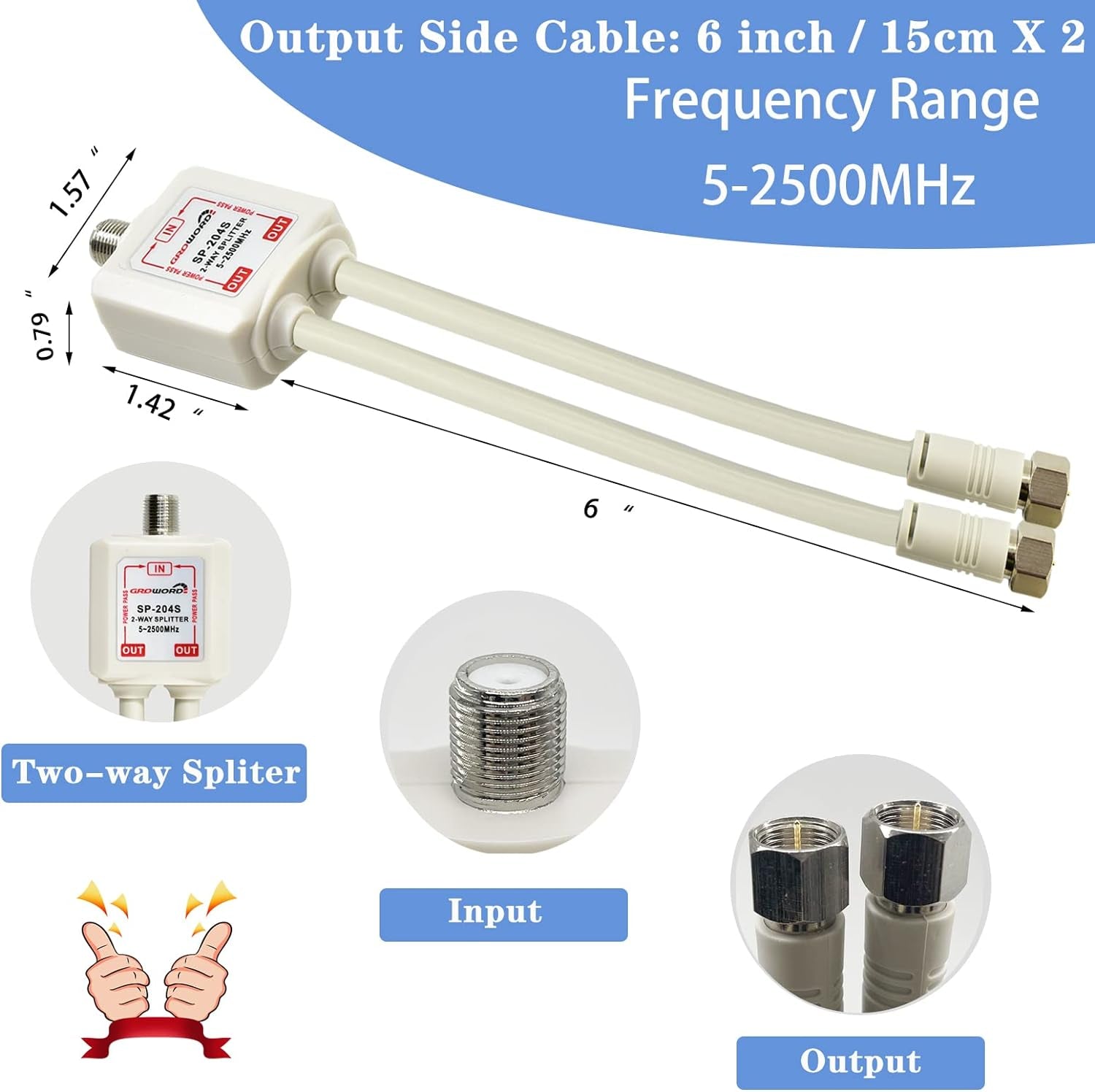 2-Way Coaxial Cable Splitter, 5-2500Mhz CATV Splitter with 6” RG6 Coaxial Cable and 2 Coax Connectors, for Pass Power to LNB, Improve TV Satellite Antenna Signal Quality, Corrosion Resistant