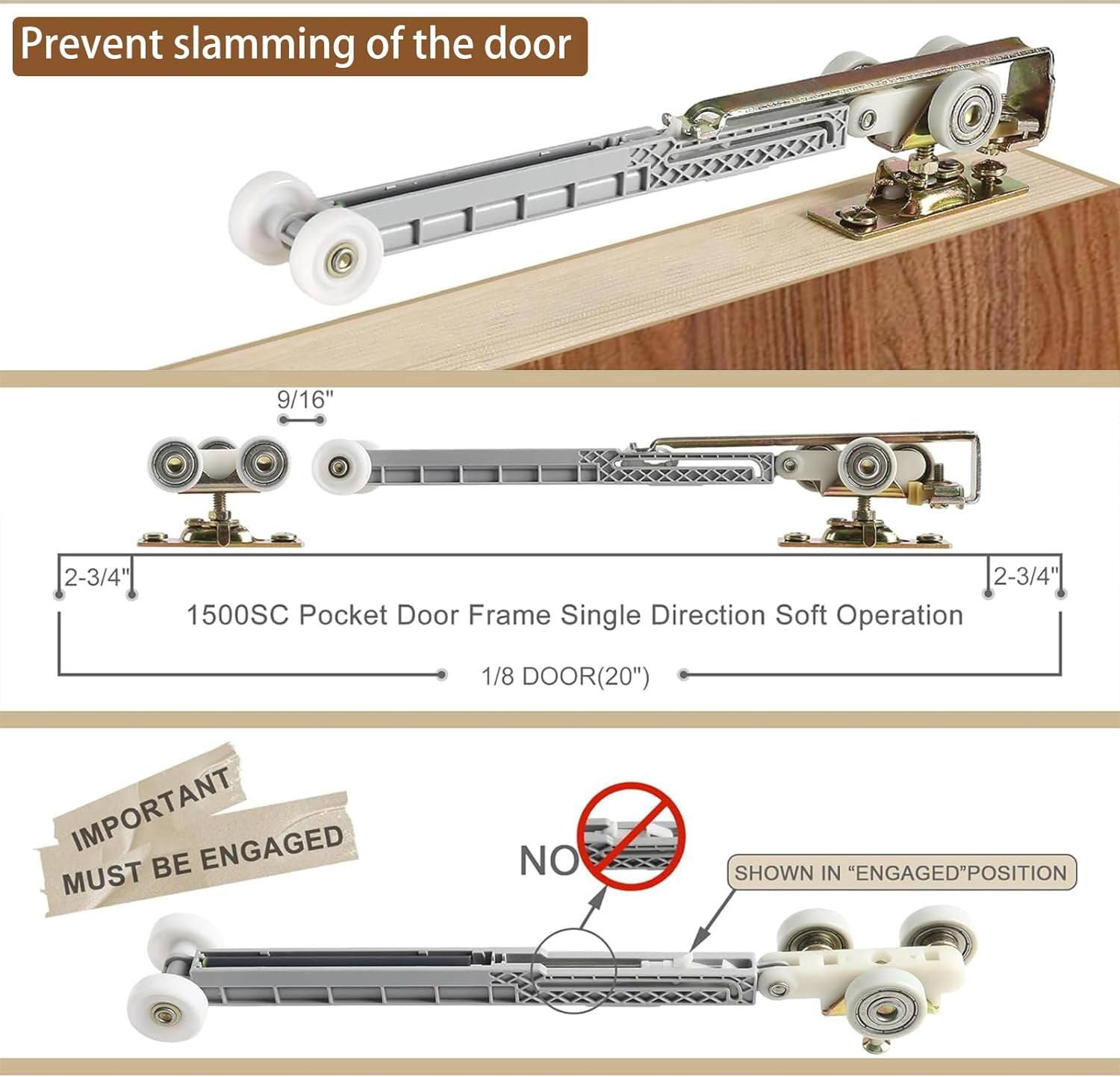 Sliding Door Soft Closing Kit, Hardware Soft Closing Hanger Fits Hardware Part #1060 Replacement Kit, Durable, Slam-Proof Door Soft Closing with Extra Pocket Door Frame Roller