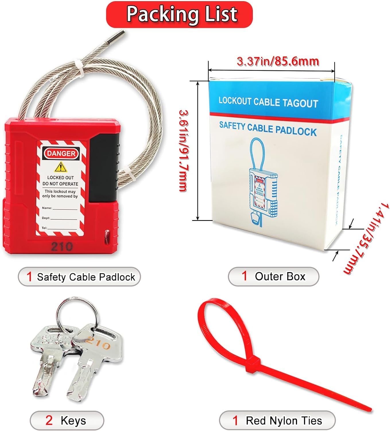 Lockout Tagout Cable Lock - 3.3Ft Adjustable Cable Lock, Steel Cable Lock with Vinyl Coating, Loto Cable for Lock Out Tag Out, Premium Grade, OSHA Compliant 0.16" Diameter,