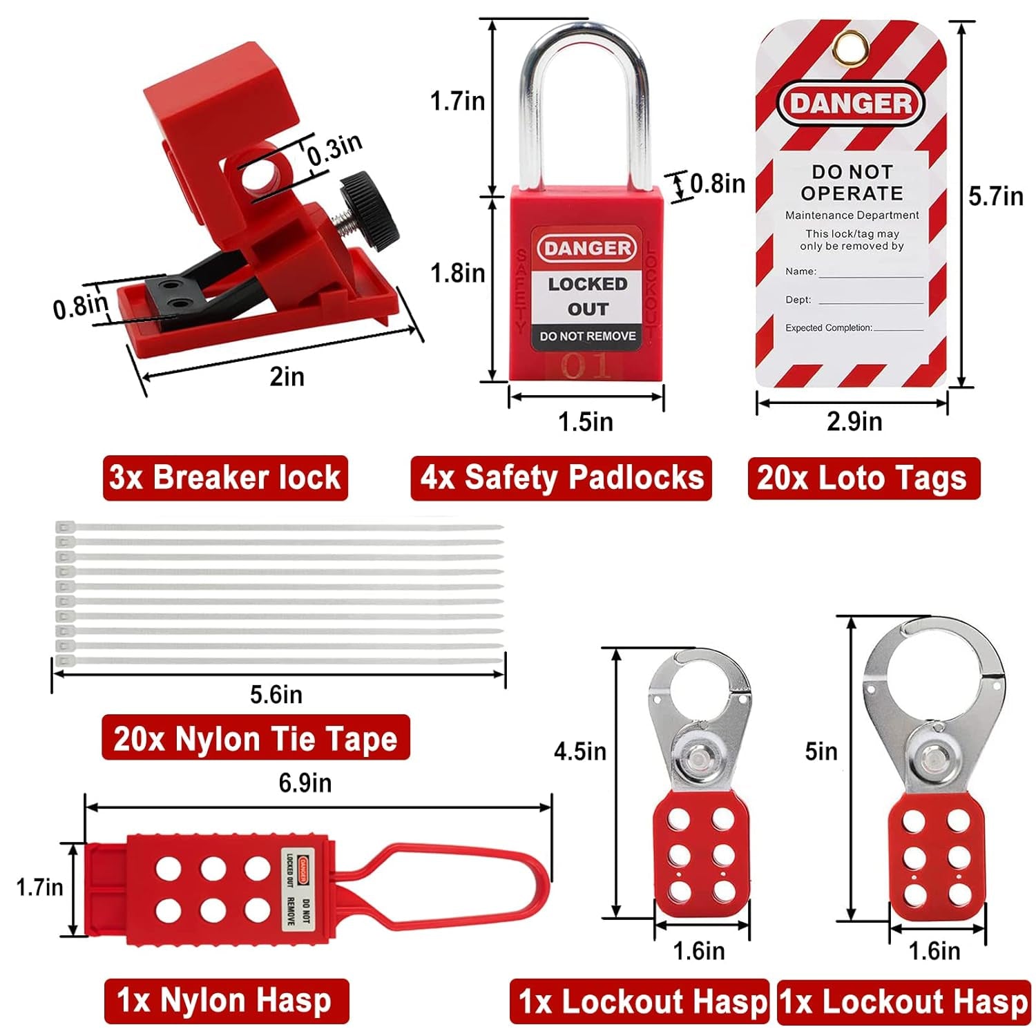 Lockout Tagout Kit Electrical Loto - Group Lockout Hasps, Lockout Tags, Safety Padlocks with Number, Nylon Ties with Pocket Bag(Red Kit)