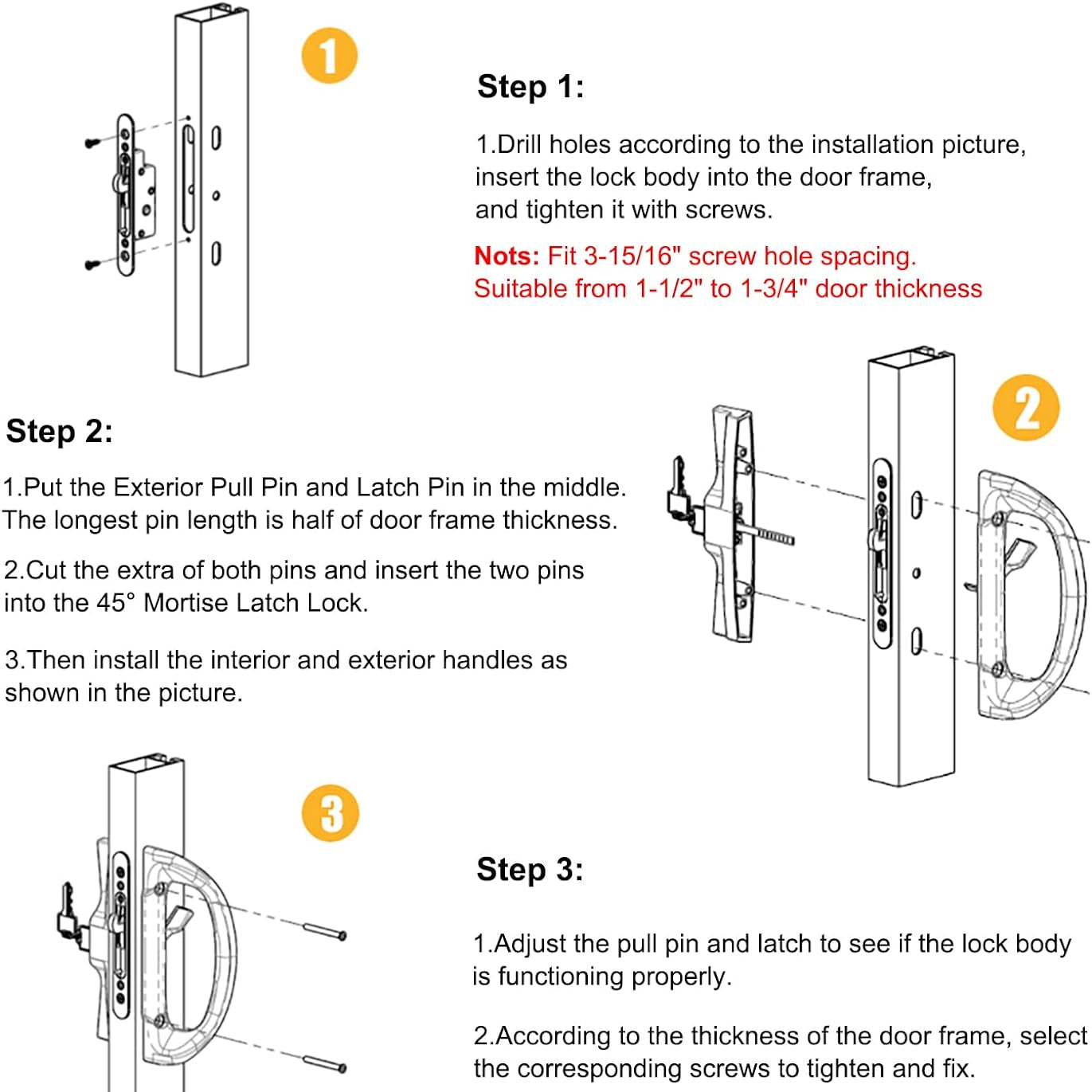 Patio Sliding Door Handle Set with Mortise Lock, Perfect Replacement Sliding Door Handle with Key Lock Fits Patio Doors Thickness 1-1/2" to 1-3/4", 3-15/16" Screw Hole Spacing, Reversible Design