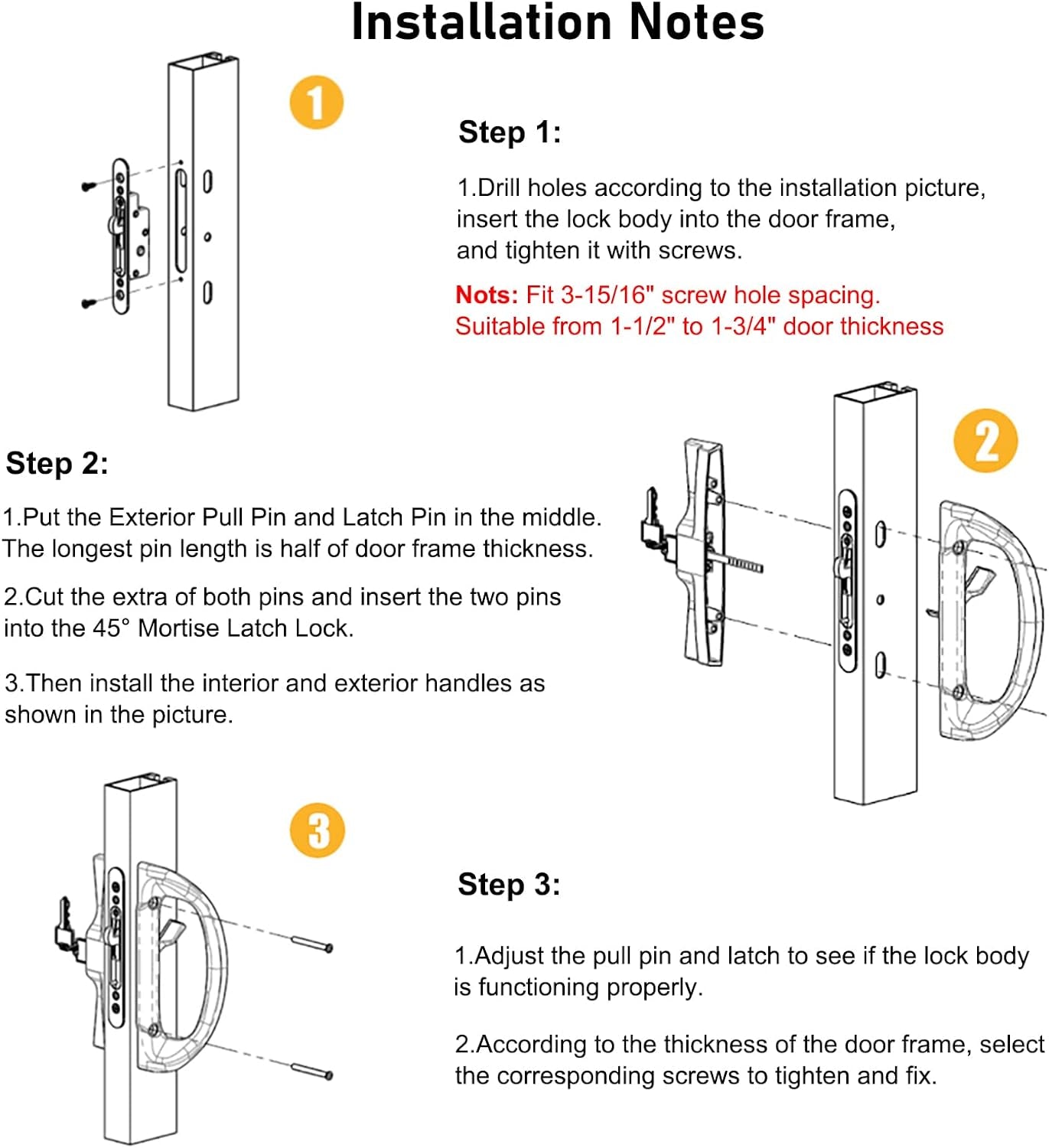 Patio Sliding Door Handle Set with Mortise Lock, Perfect Replacement Sliding Door Handle with Key Lock Fits Patio Doors Thickness 1-1/2" to 1-3/4", 3-15/16" Screw Hole Spacing, Reversible Design