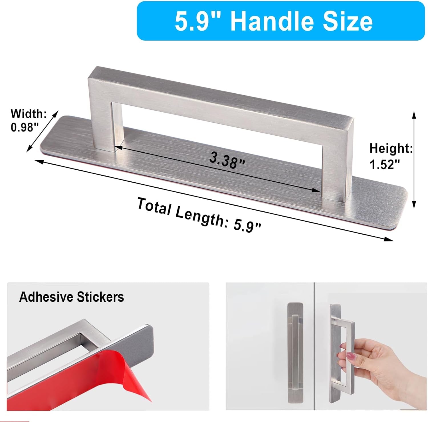 Self-Stick Adhesive Cabinet Handles - 6" Stainless Steel No-Drilling Easy Installation Handles for Cabinet Door Window Drawer & Refrigerator Microwave| Square Silver 2Pack