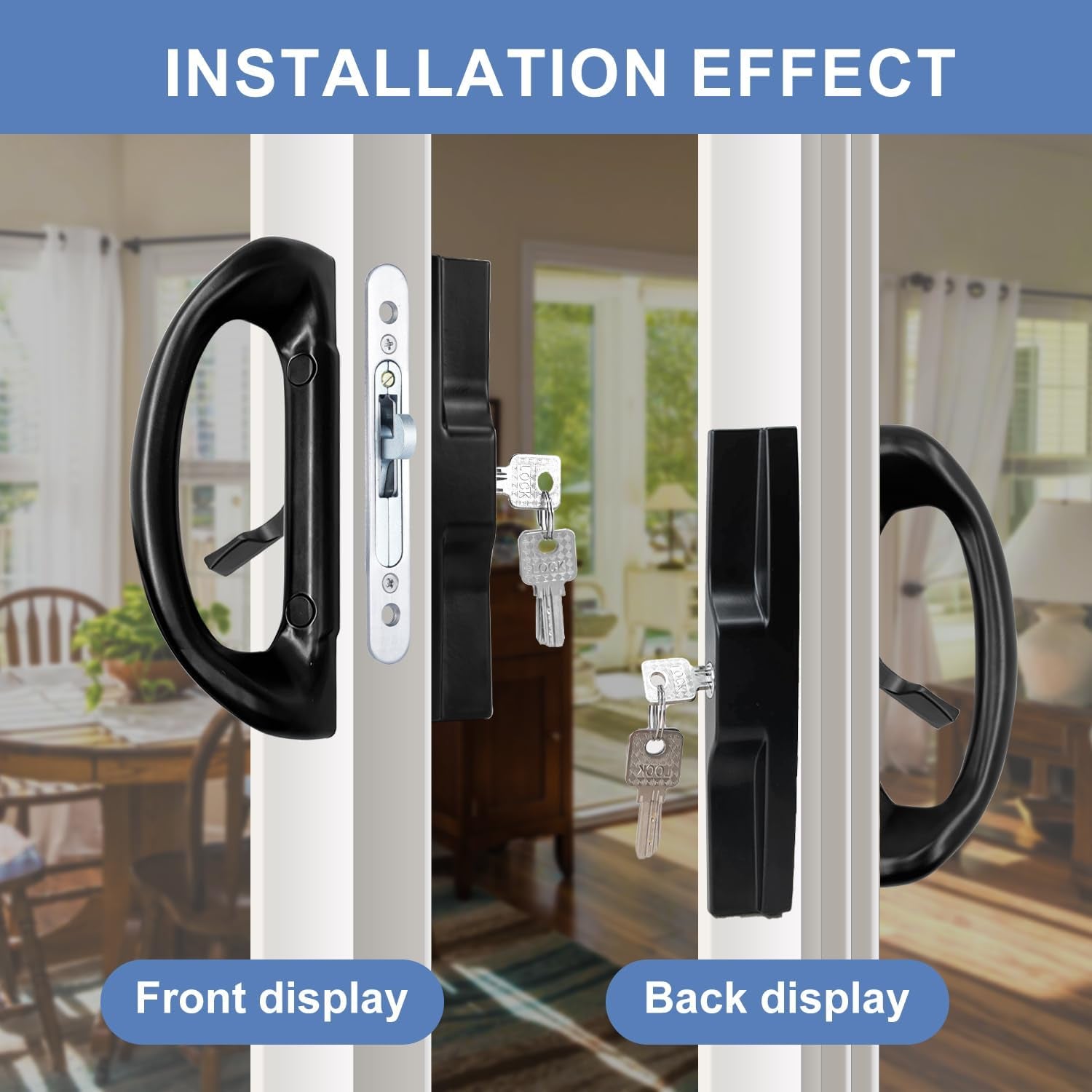 Patio Sliding Door Handle Set with Mortise Lock, Perfect Replacement Sliding Door Handle with Key Lock Fits Patio Doors Thickness 1-1/2" to 1-3/4", 3-15/16" Hole Spacing, Reversible Design（Black)