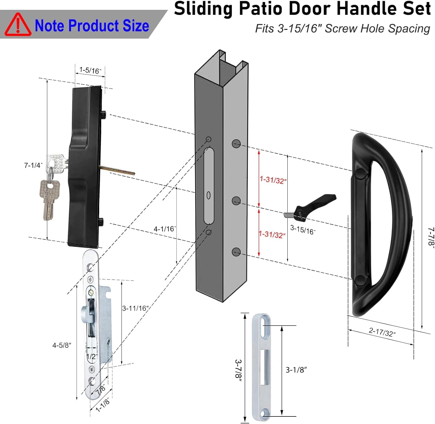 Patio Sliding Door Handle Set with Mortise Lock, Perfect Replacement Sliding Door Handle with Key Lock Fits Patio Doors Thickness 1-1/2" to 1-3/4", 3-15/16" Hole Spacing, Reversible Design（Black)