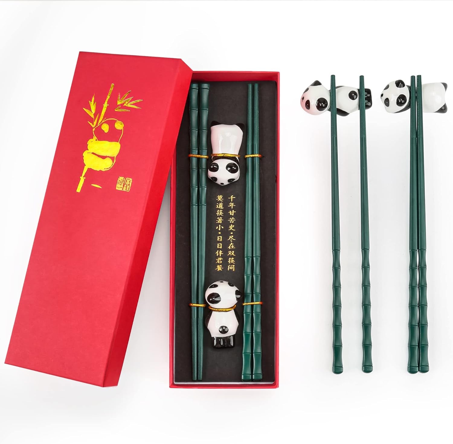 Non-Slip Chopsticks and Chopstick Rest Gift Set, 2 Pairs Reusable Panda Chopsticks with Red Gift Case, Dishwasher Safe Chopsticks with Cute Panda Holders for Thanksgiving Day, Christmas(Green）