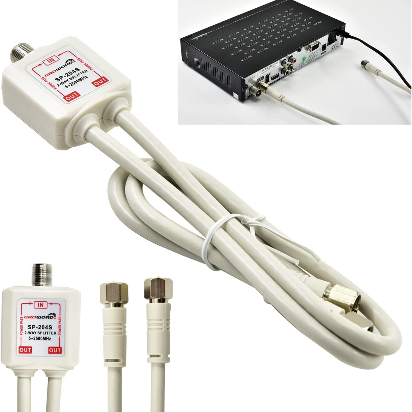 Satellite Splitter 5-2500Mhz, 2-Way CATV Splitter with RG6 Coaxial Cable and 2 Connectors, for Pass Power to LNB, Improve HD TV Satellite Antenna Signal Quality, Corrosion Resistant