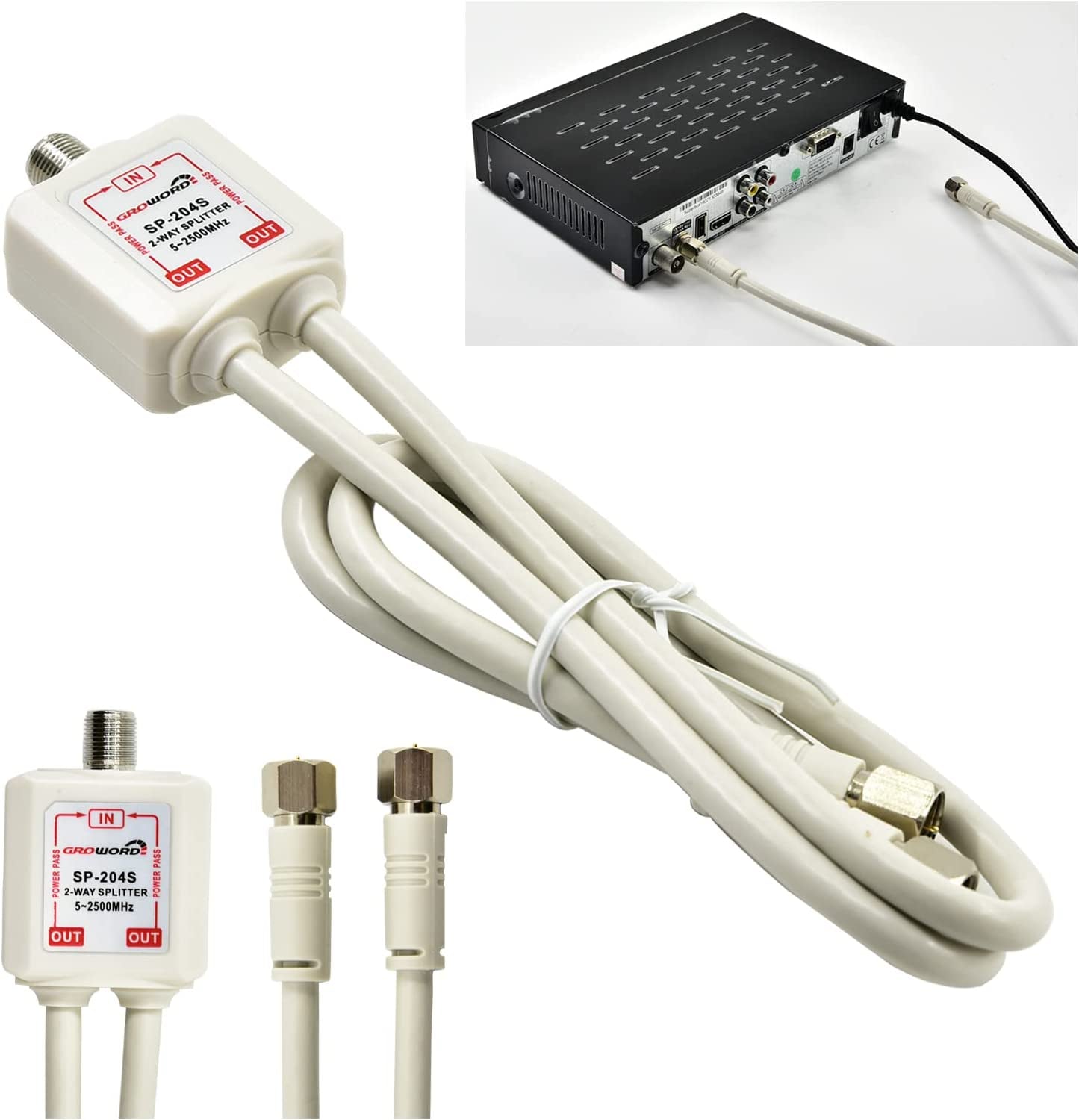 Satellite Splitter 5-2500Mhz, 2-Way CATV Splitter with RG6 Coaxial Cable and 2 Connectors, for Pass Power to LNB, Improve HD TV Satellite Antenna Signal Quality, Corrosion Resistant