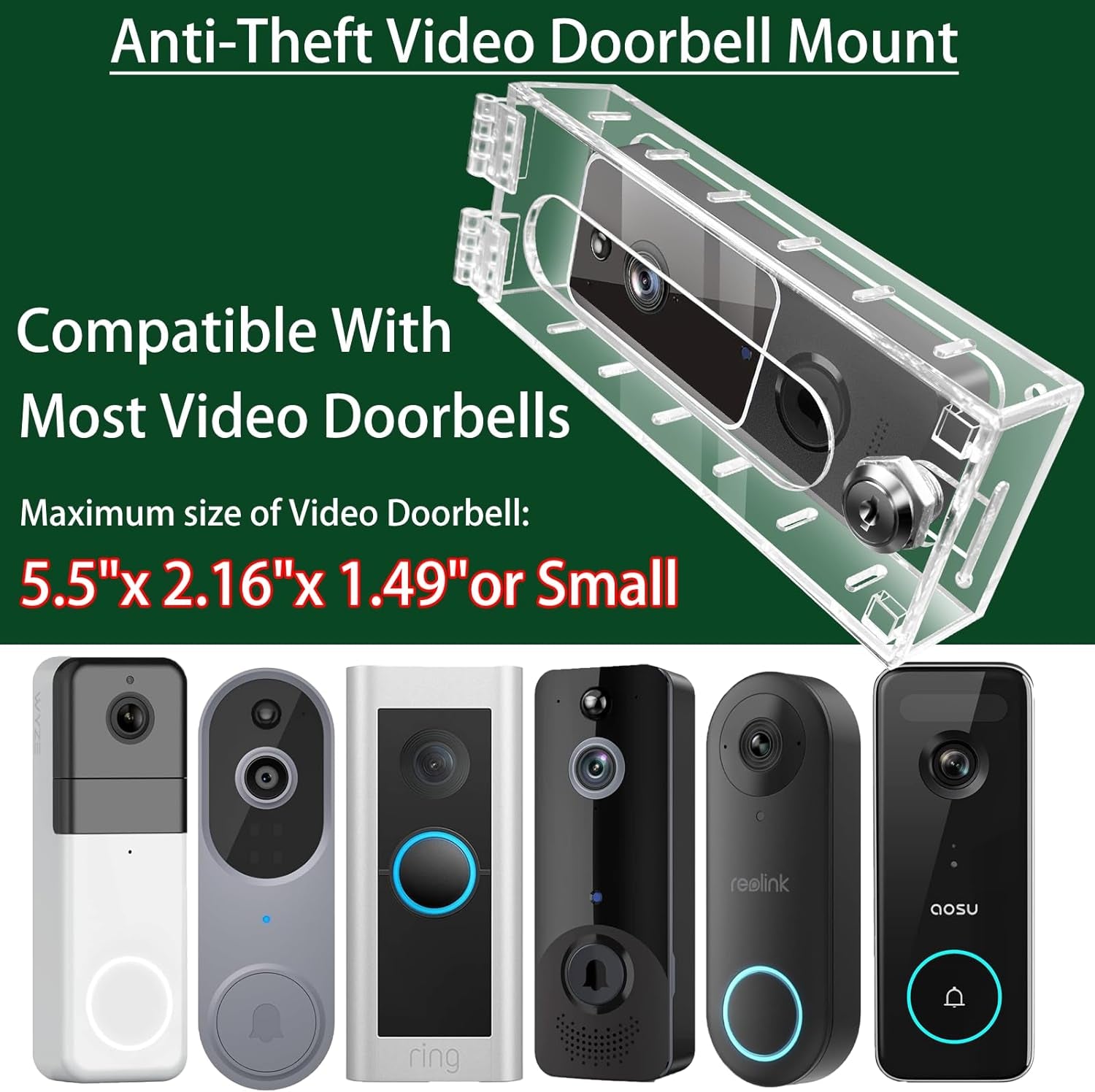 Anti-Theft Video Doorbell Mount Compatible with Most Video Doorbell, Acrylic,Highly Transparent Doorbell Lock Box Kit for Houses, Apartments, Businesses,Fit Doorbell 5.5"X 2.16"X 1.49"Or Small