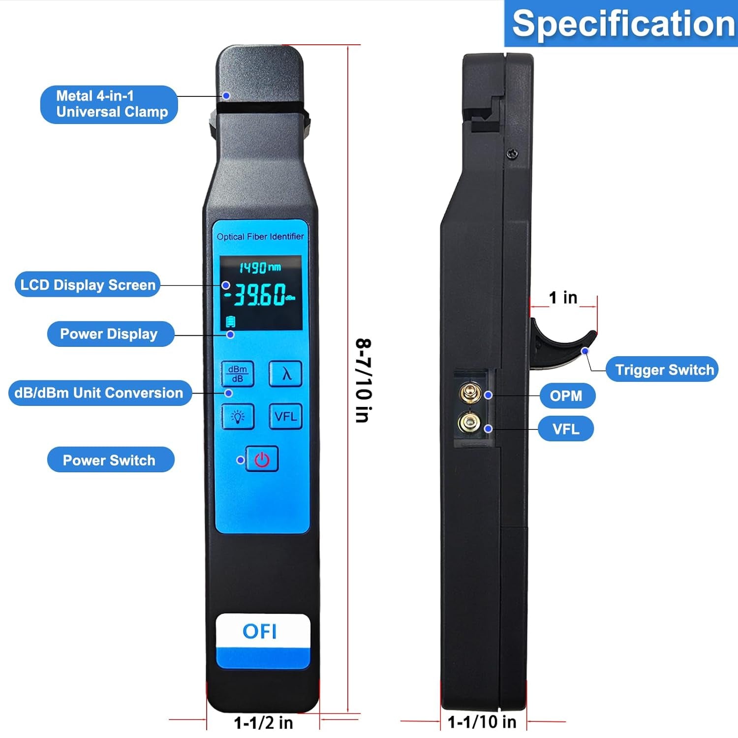 Optical Fiber Identifier with Wave Respond 800-1700Nm,Detection Rang +13~-50Dbm,Built in 10Mw VFL and Optical Power Meter OPM -50~+26Db Functions FTTH Tool with LED Color Screen