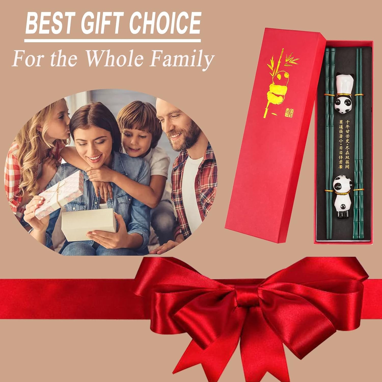 Non-Slip Chopsticks and Chopstick Rest Gift Set, 2 Pairs Reusable Panda Chopsticks with Red Gift Case, Dishwasher Safe Chopsticks with Cute Panda Holders for Thanksgiving Day, Christmas(Green）
