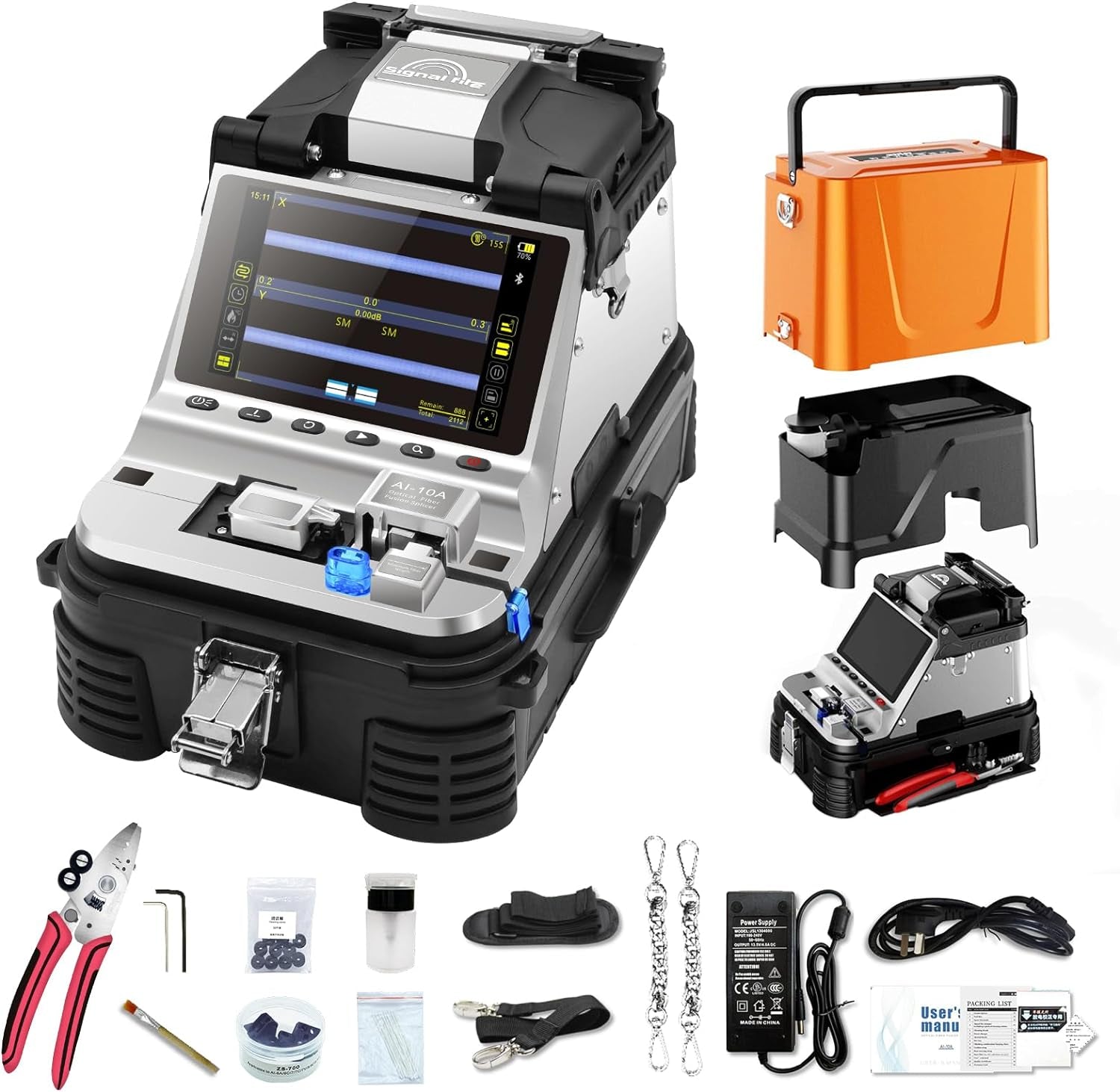 AI-10 Fiber Fusion Splicer Core Alignment Automatic FTTH Fiber Optical Welding Machine 6S Splicing Six Motor 15S Heating Built-In VFL & OPM Function with Highly Integrated Cleaver（7800Mah）