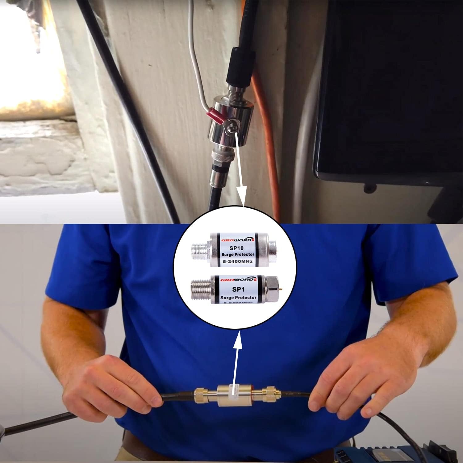 Coaxial Surge Lightning Protector for Coaxial TV Antenna and Satellite In-Line 75 Ohm 5-2500Mhz, 2 Pack Hum/Buzz/Noise Eliminator,Low Loss (5-2400Mhz)