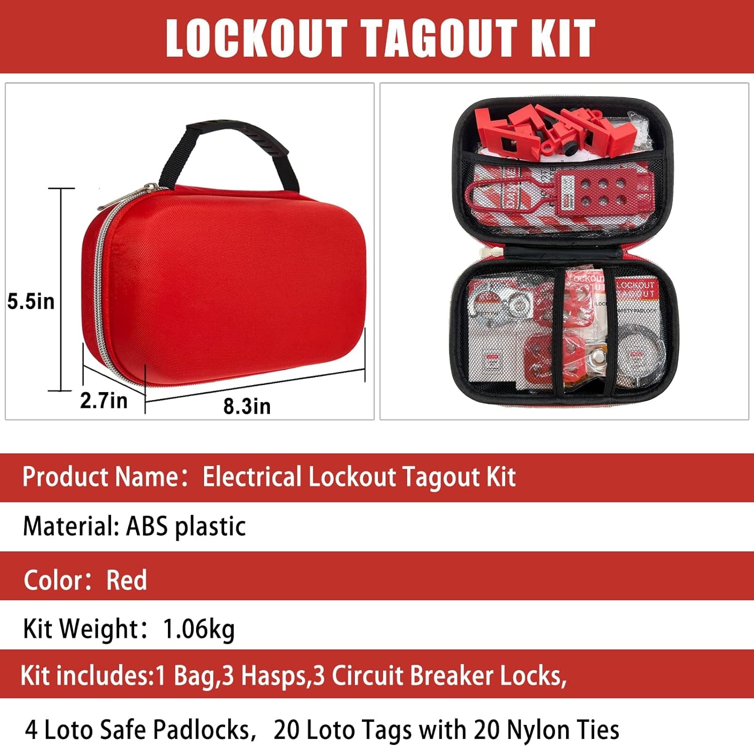 Lockout Tagout Kit Electrical Loto - Group Lockout Hasps, Lockout Tags, Safety Padlocks with Number, Nylon Ties with Pocket Bag(Red Kit)