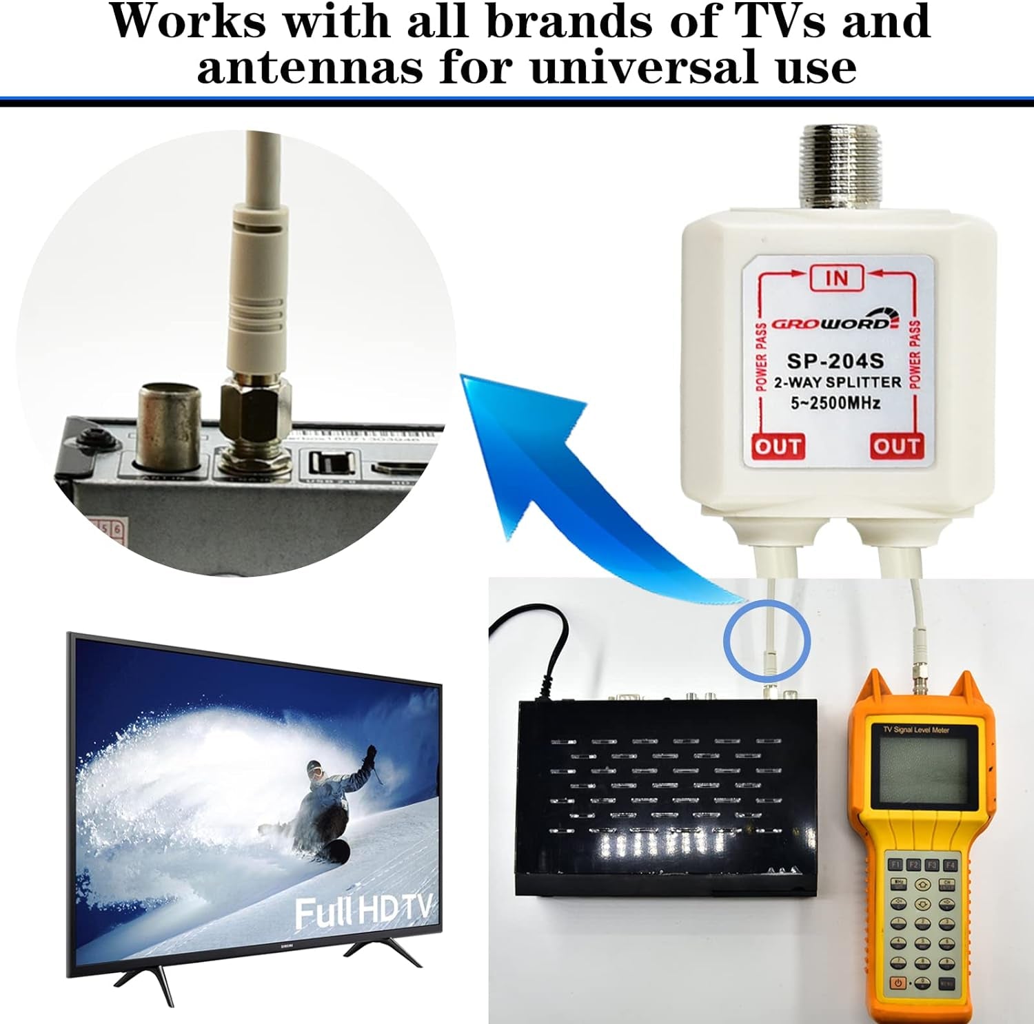 2-Way Coaxial Cable Splitter, 5-2500Mhz CATV Splitter with 6” RG6 Coaxial Cable and 2 Coax Connectors, for Pass Power to LNB, Improve TV Satellite Antenna Signal Quality, Corrosion Resistant