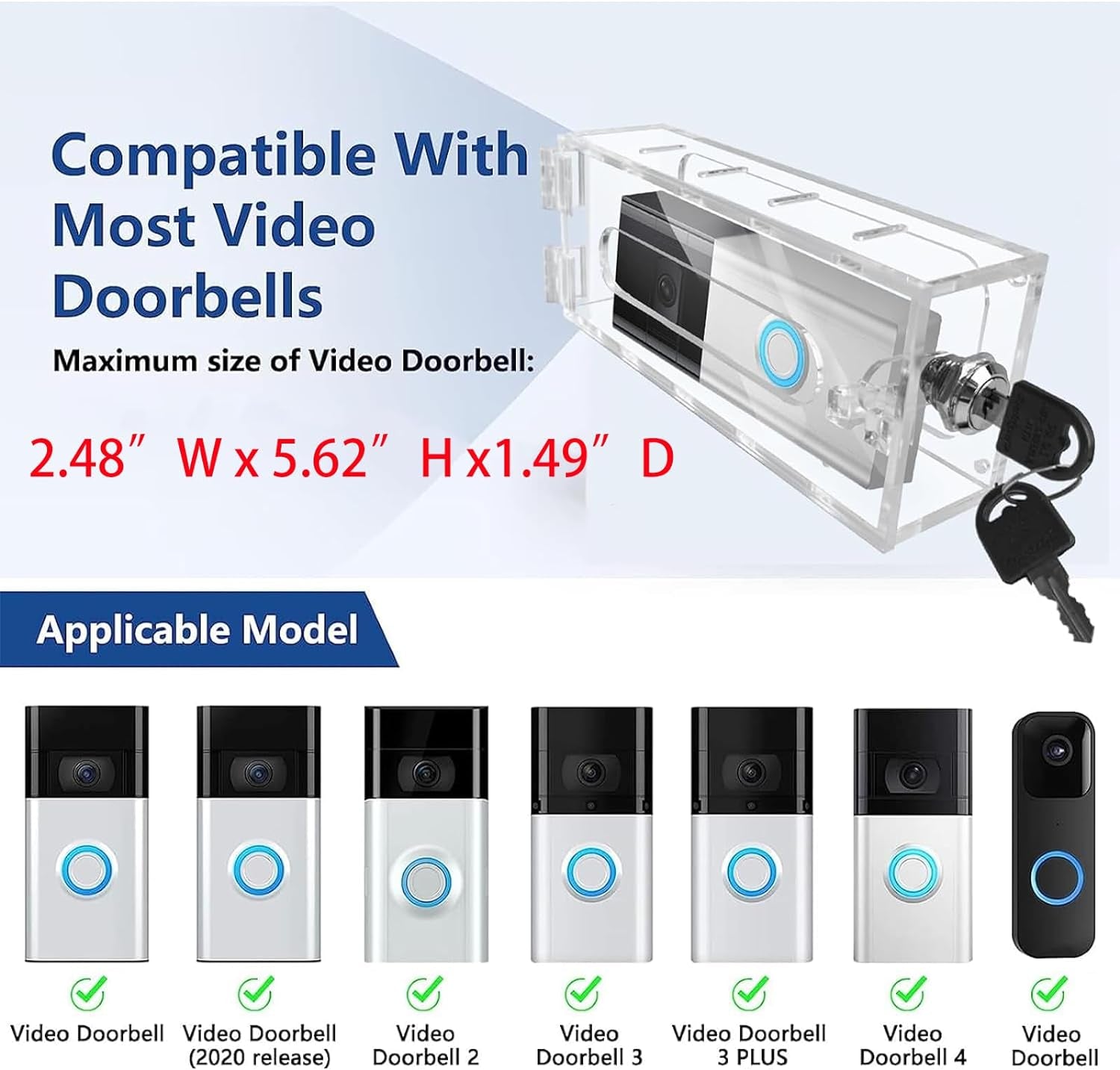 Anti-Theft Video Doorbell Mount Compatible with Most Video Doorbell, Acrylic,Highly Transparent Doorbell Lock Box Kit for Houses, Apartments, Businesses,Fit Doorbell 2.48”X5.62”X1.49”Or Small
