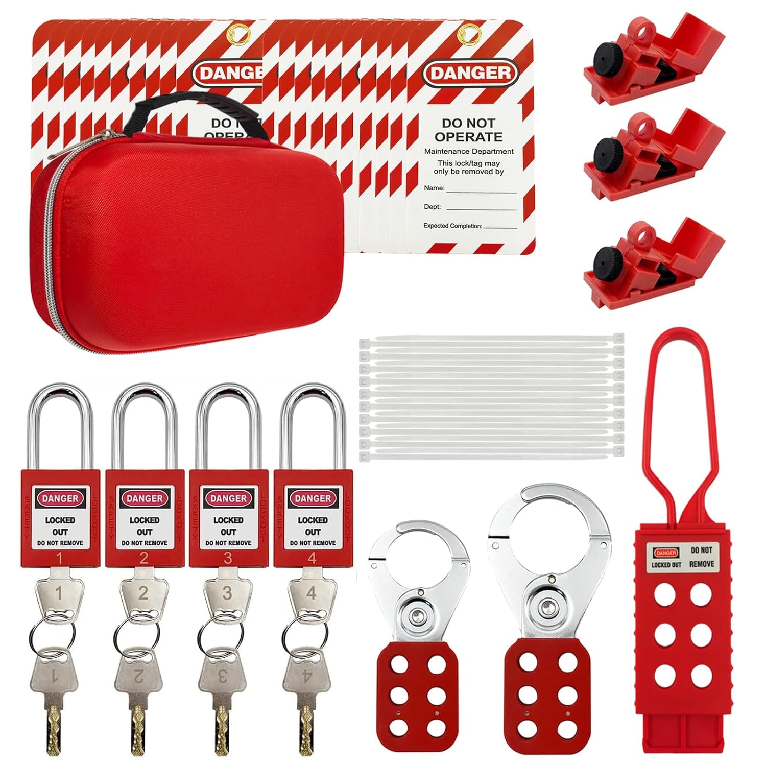 Lockout Tagout Kit Electrical Loto - Group Lockout Hasps, Lockout Tags, Safety Padlocks with Number, Nylon Ties with Pocket Bag(Red Kit)