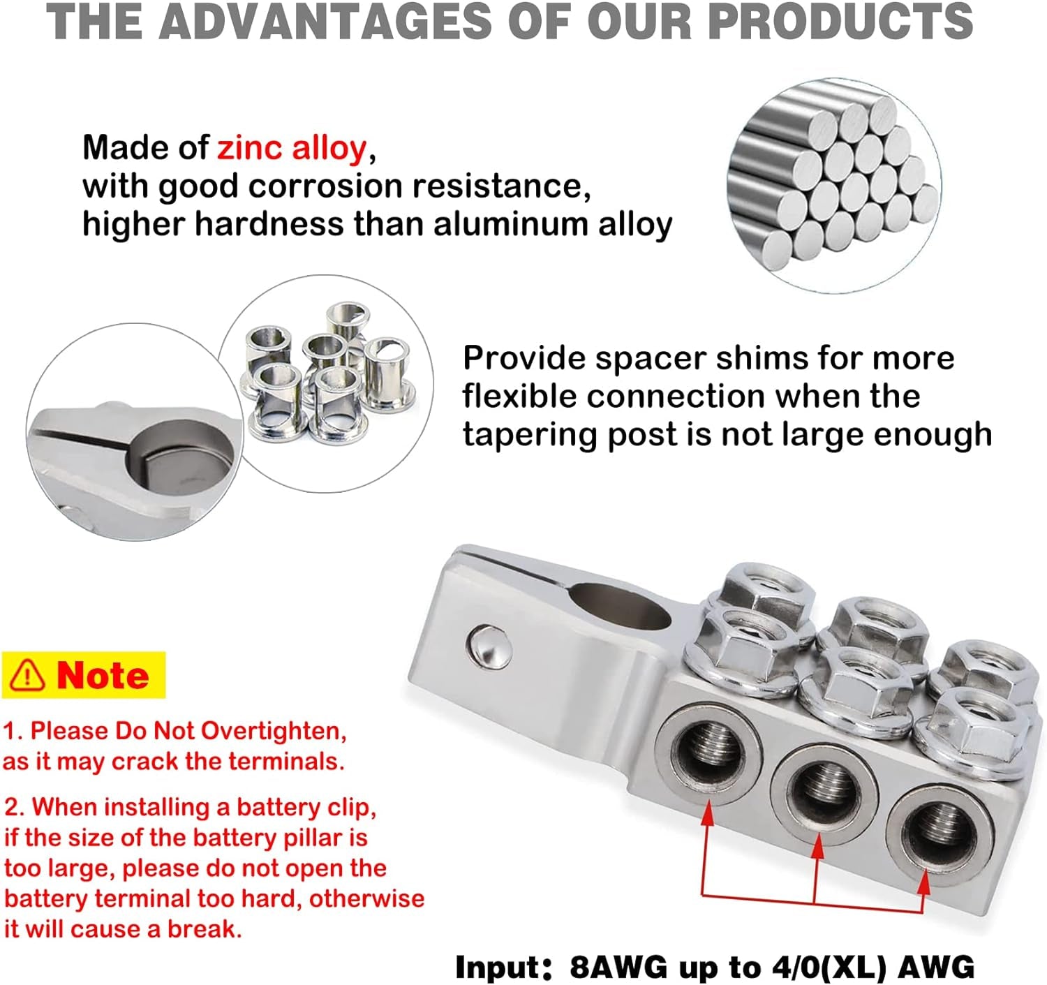 Battery Terminal Connector,12-Way Clamps 8AWG up to 4/0(XL) AWG Gauge, Positive and Negative (+/-)(Pair) for SAE/DIN/EN Tapered Top Post