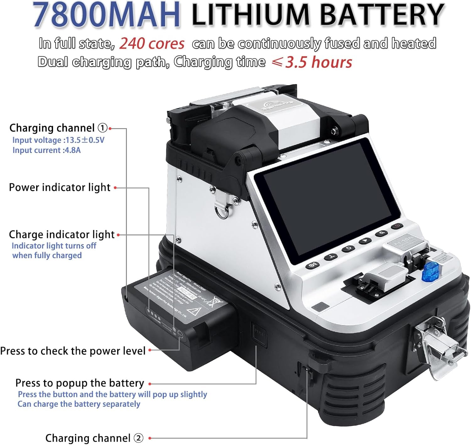 AI-10 Fiber Fusion Splicer Core Alignment Automatic FTTH Fiber Optical Welding Machine 6S Splicing Six Motor 15S Heating Built-In VFL & OPM Function with Highly Integrated Cleaver（7800Mah）