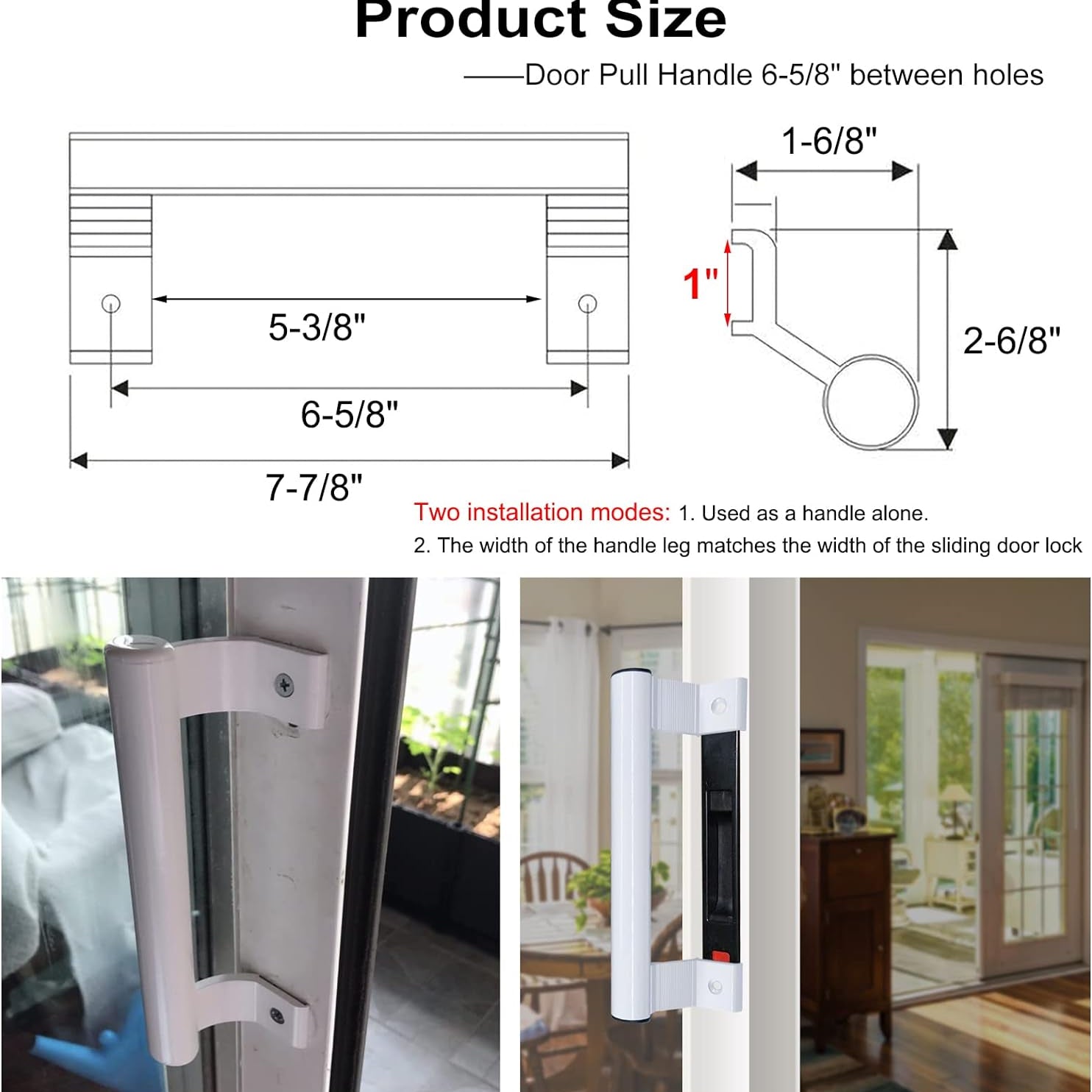 Sliding Door Handle 8" Aluminum Sliding Glass Door Pull - Sliding Patio Door Handles Fits 6-5/8 in Mounting Holes for Old or Damaged Door Pull - Perfect for Patio and Glass Doors (White)