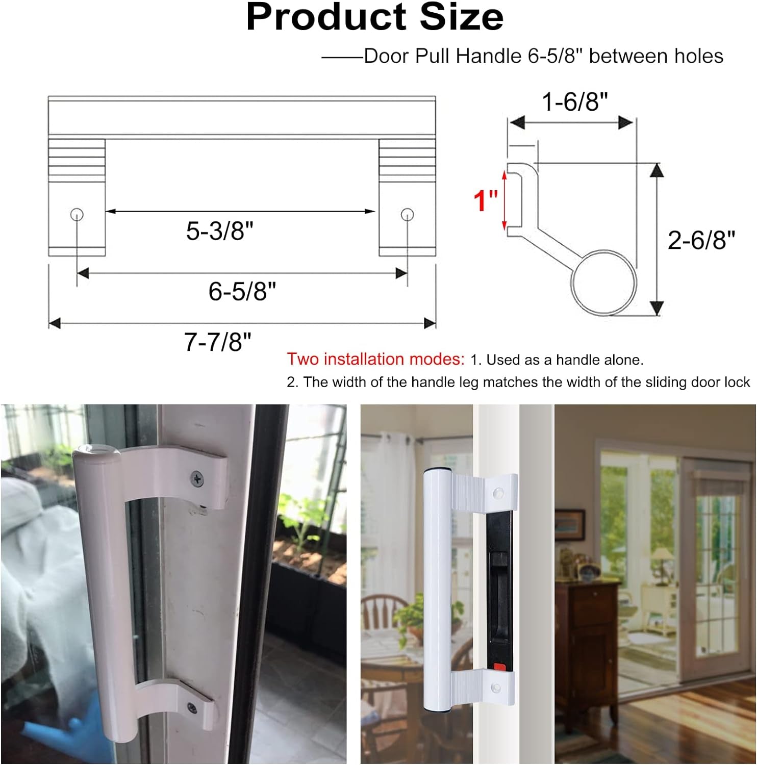 Sliding Door Handle 8" Aluminum Sliding Glass Door Pull - Sliding Patio Door Handles Fits 6-5/8 in Mounting Holes for Old or Damaged Door Pull - Perfect for Patio and Glass Doors (White)