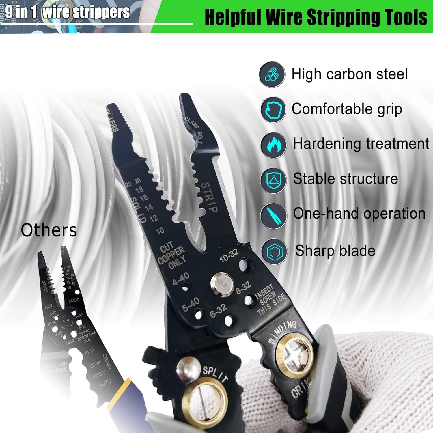 9 in 1 Wire Stripper Tool, Wire Strippers Electrical, 8" Cable Cutting Tool for Wire Stripping Cutting and Crimping (10-20 AWG Solid and Stranded Wire) with Wire Splitting and Winding