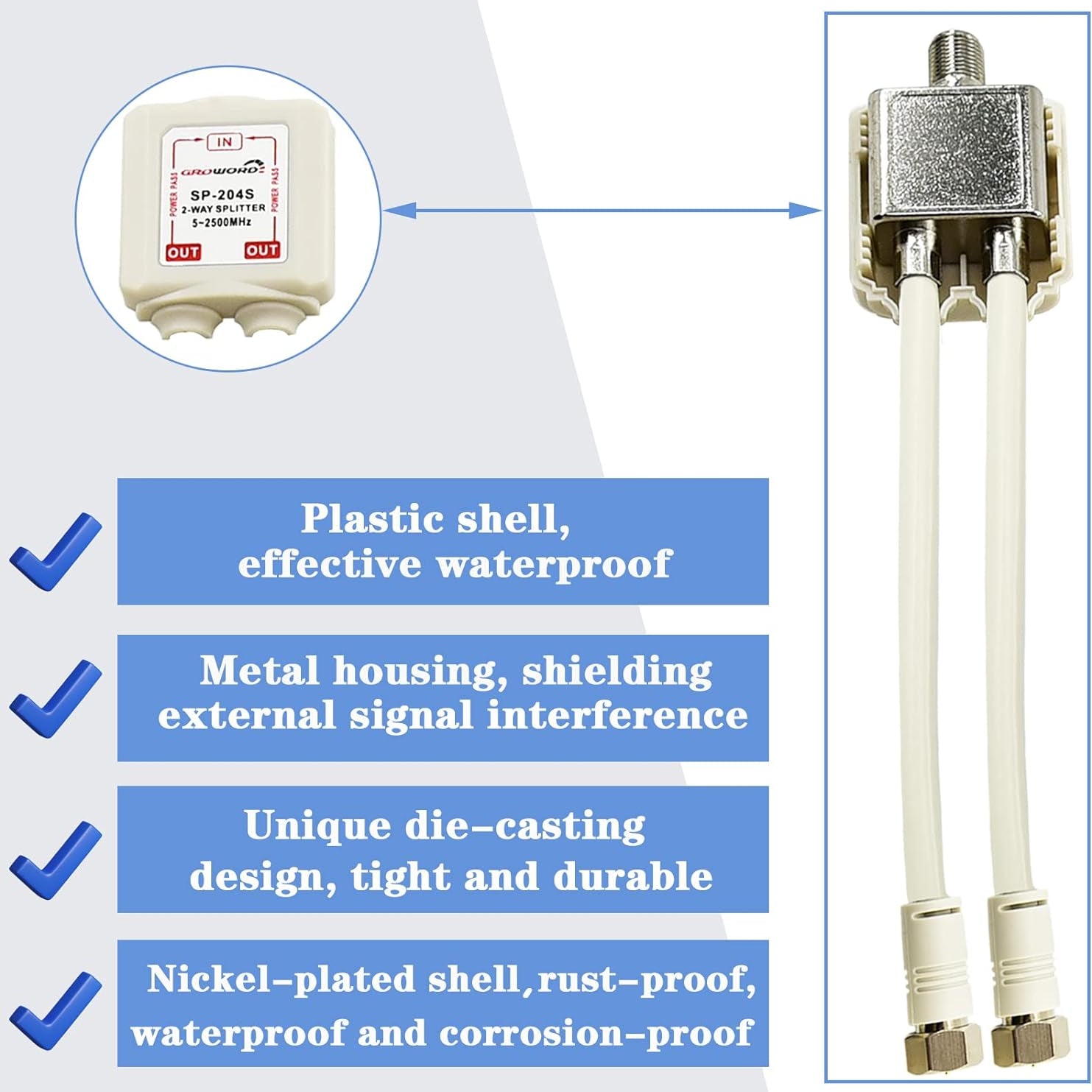 2-Way Coaxial Cable Splitter, 5-2500Mhz CATV Splitter with 6” RG6 Coaxial Cable and 2 Coax Connectors, for Pass Power to LNB, Improve TV Satellite Antenna Signal Quality, Corrosion Resistant