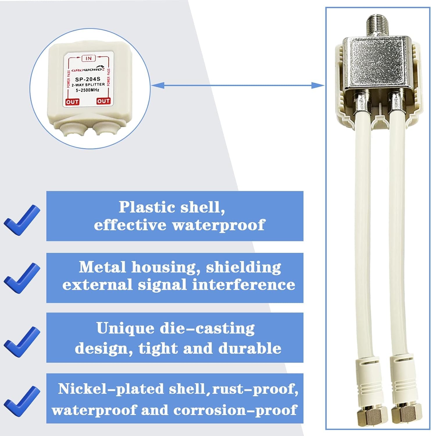2-Way Coaxial Cable Splitter, 5-2500Mhz CATV Splitter with 6” RG6 Coaxial Cable and 2 Coax Connectors, for Pass Power to LNB, Improve TV Satellite Antenna Signal Quality, Corrosion Resistant