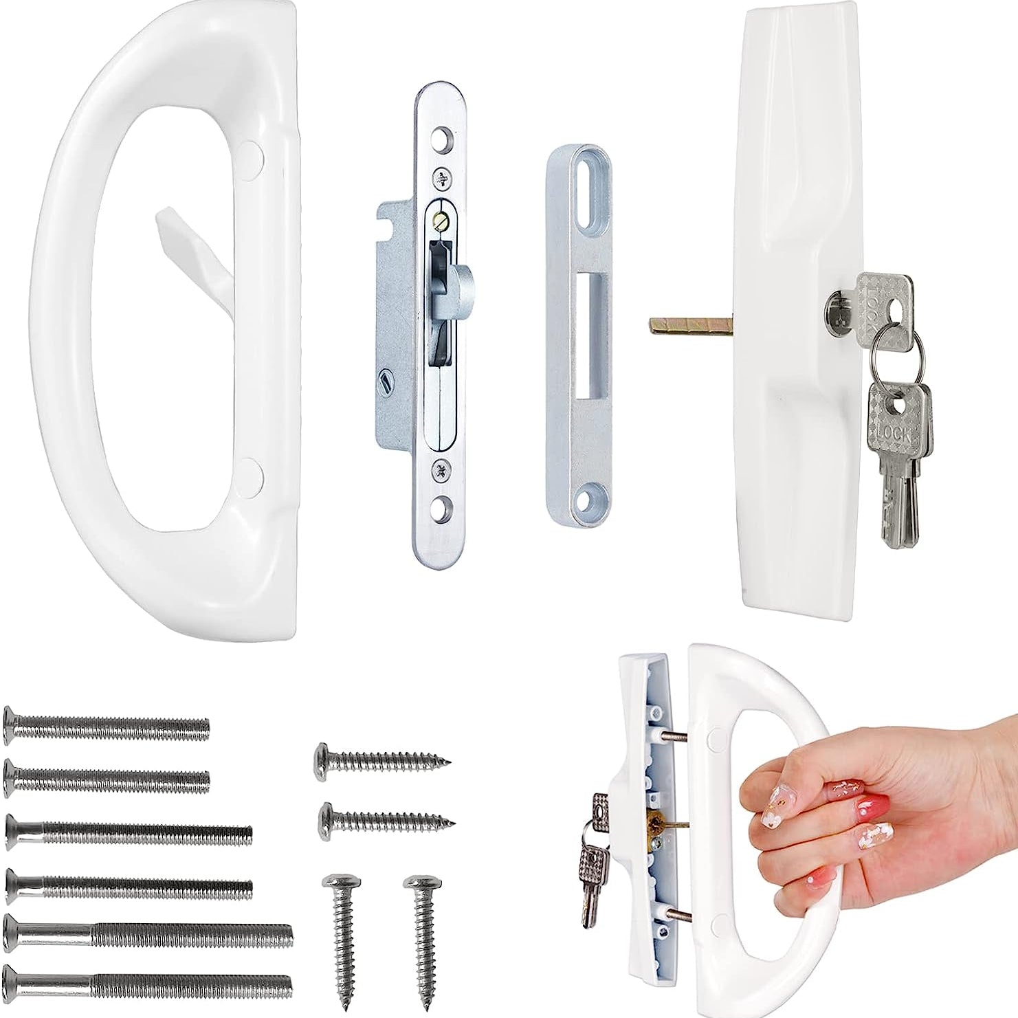 Patio Sliding Door Handle Set with Mortise Lock, Perfect Replacement Sliding Door Handle with Key Lock Fits Patio Doors Thickness 1-1/2" to 1-3/4", 3-15/16" Screw Hole Spacing, Reversible Design